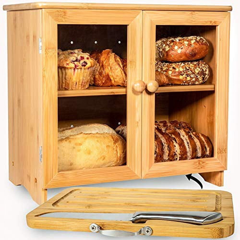 Large Bamboo Bread Box with Cutting Board and Knife