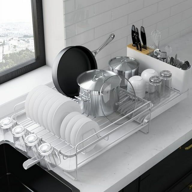 White Extendable Metal Dish Drying Rack with Utensil Cup