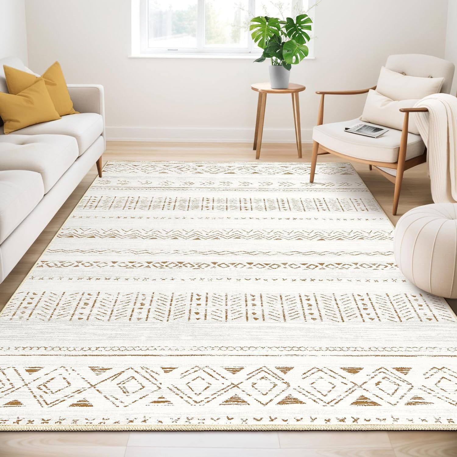 5' x 7' Brown and Cream Geometric Washable Area Rug