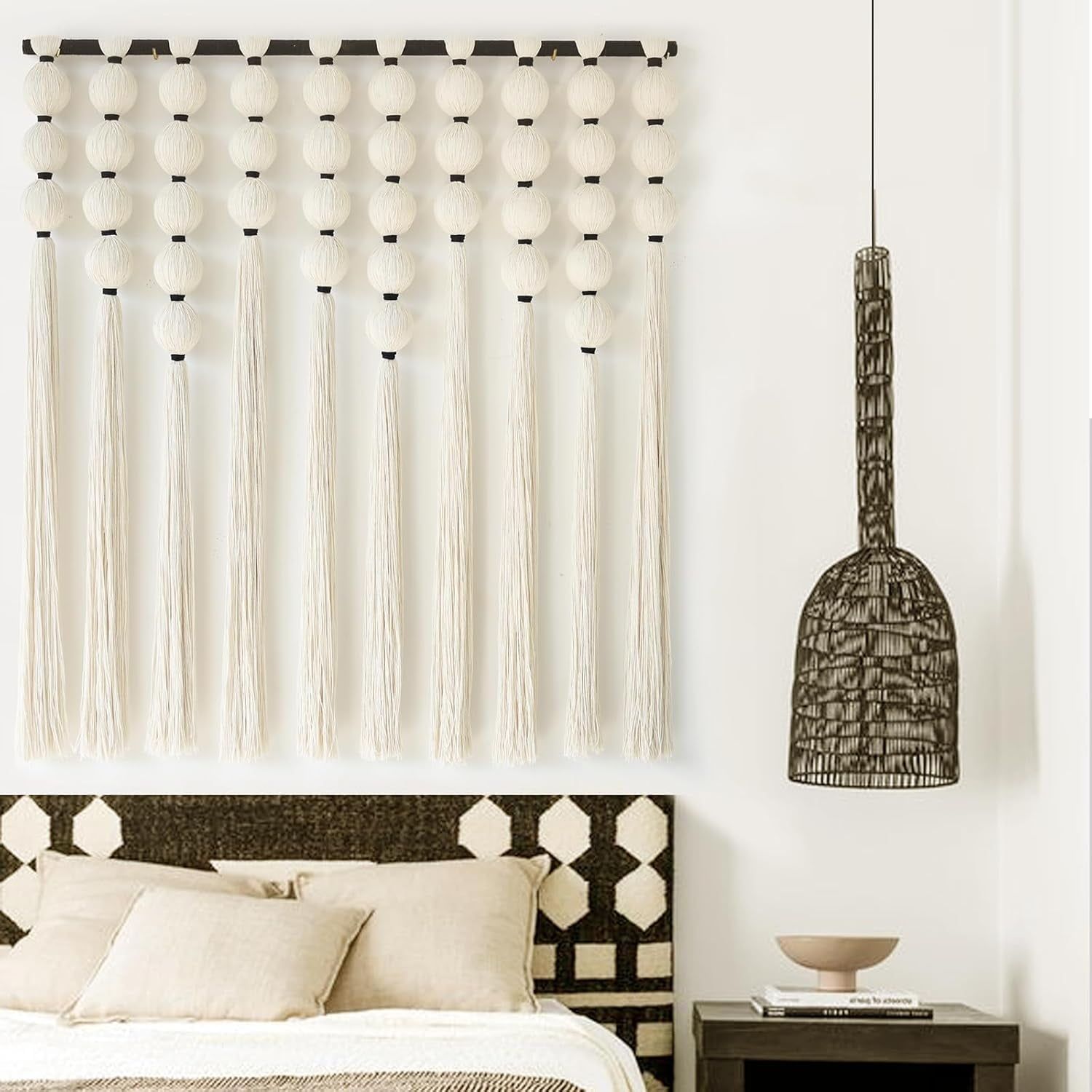 Large Off-White Cotton Macrame Wall Hanging with Spherical Design