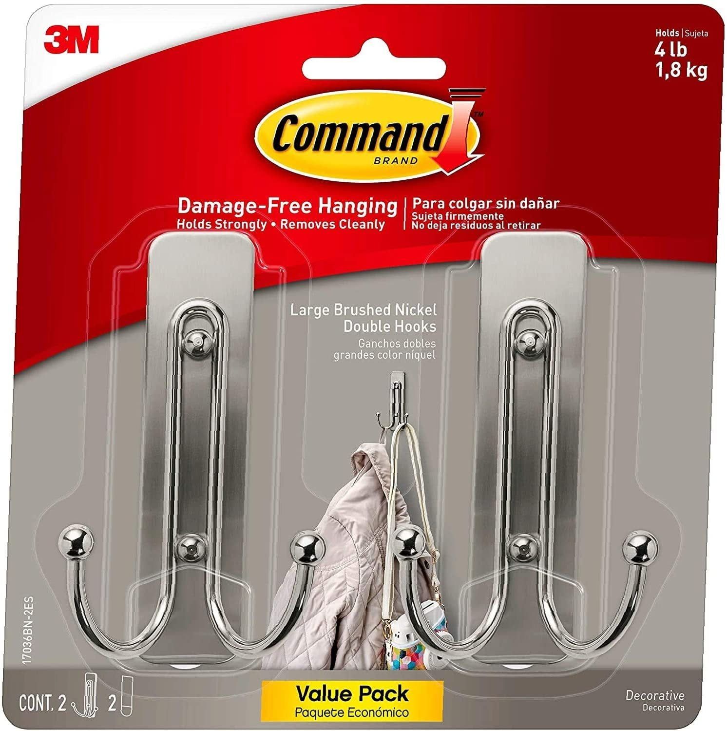 Brushed Nickel Large Double Wall Hooks with Adhesive Strips