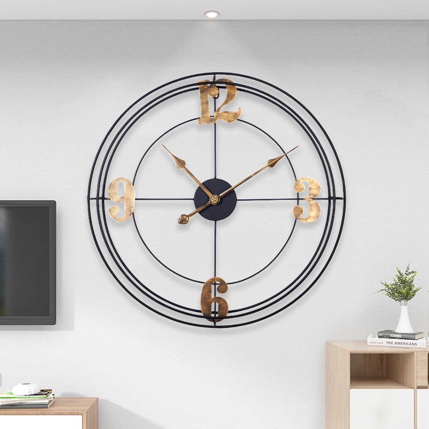 Large Black and Gold Metal Silent Wall Clock with Roman Numerals