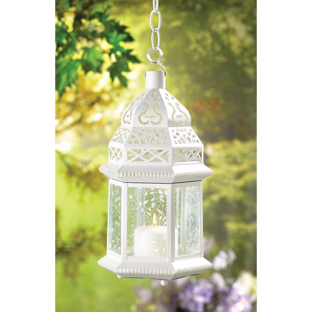 White Metal and Glass Hanging Hurricane Candle Lantern