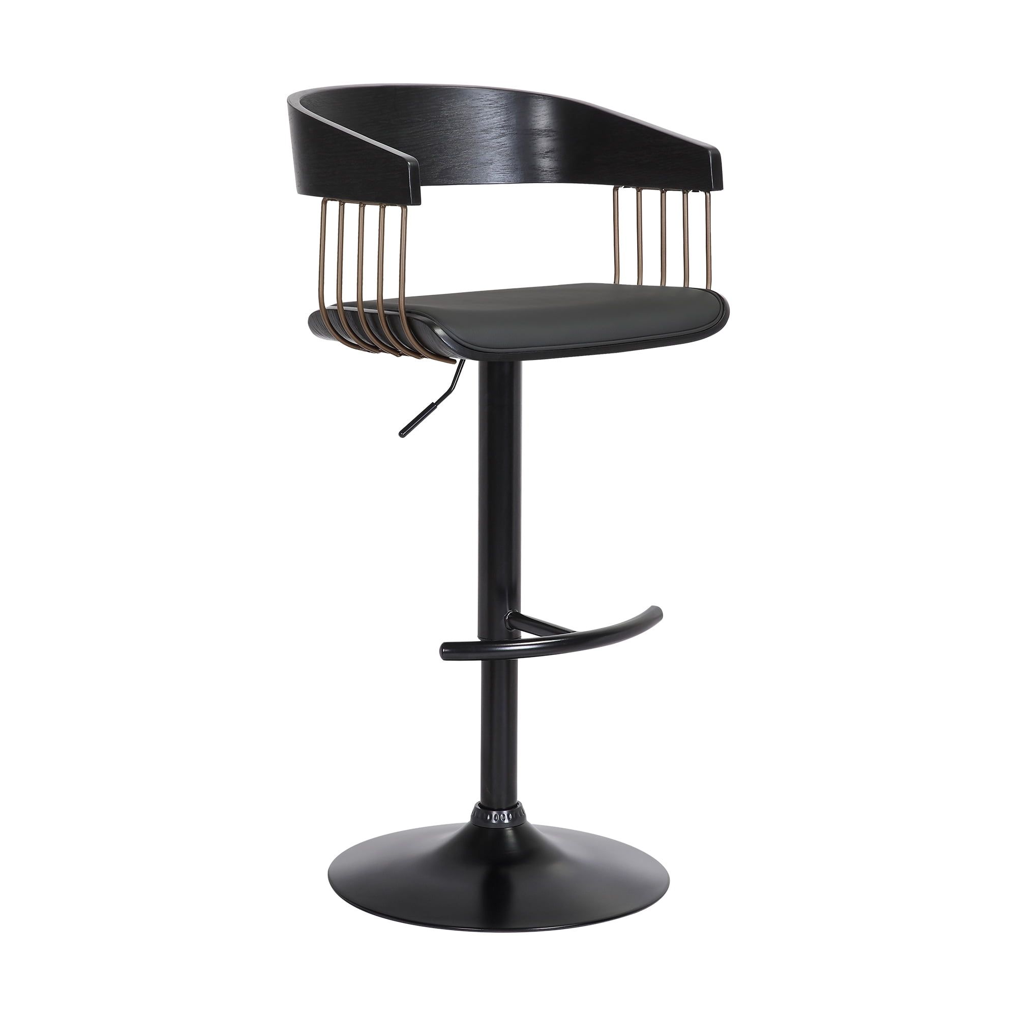 Adjustable Black Wood and Metal Swivel Bar Stool with Faux Leather Seat