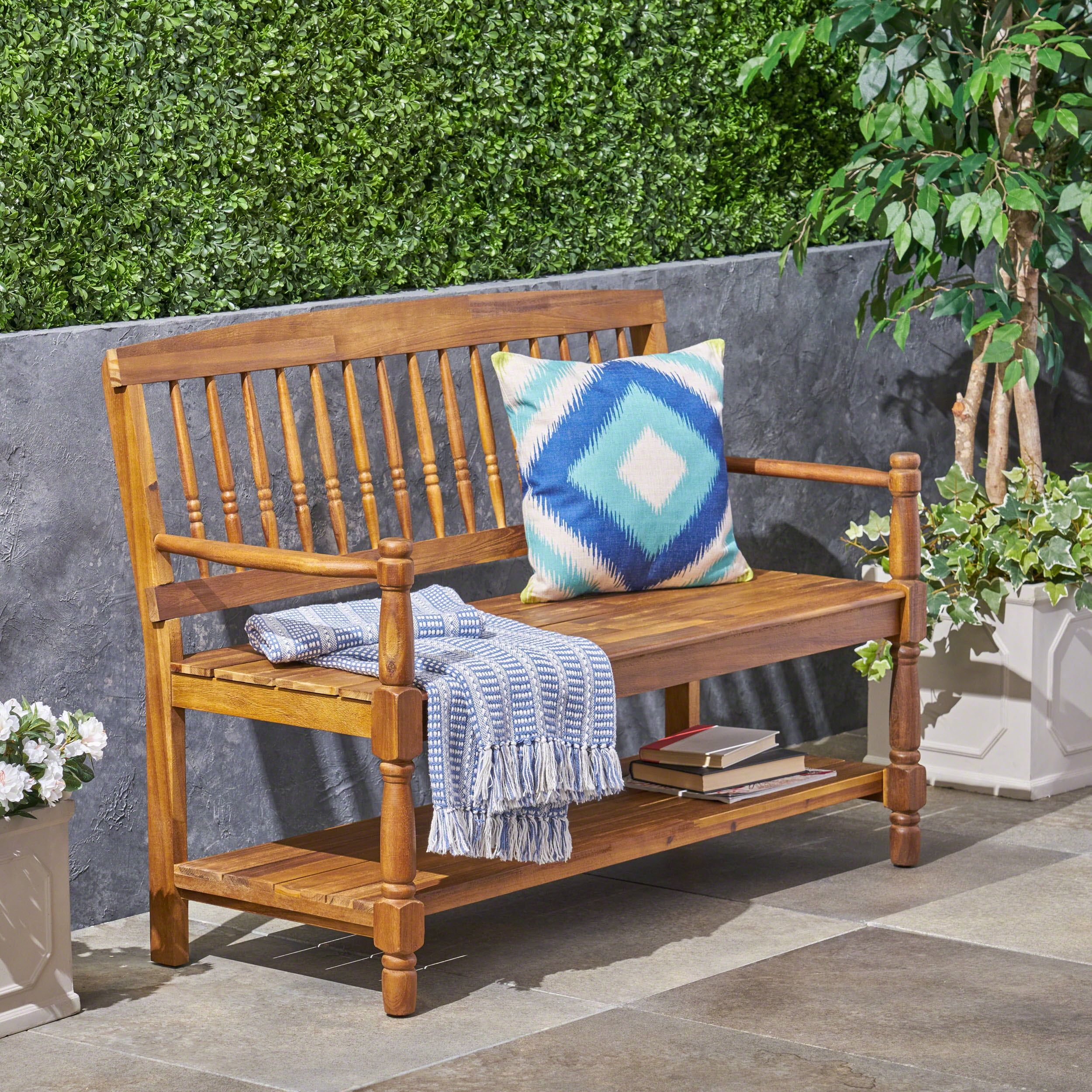 Teak 51" Rustic Acacia Wood Outdoor Bench with Shelf