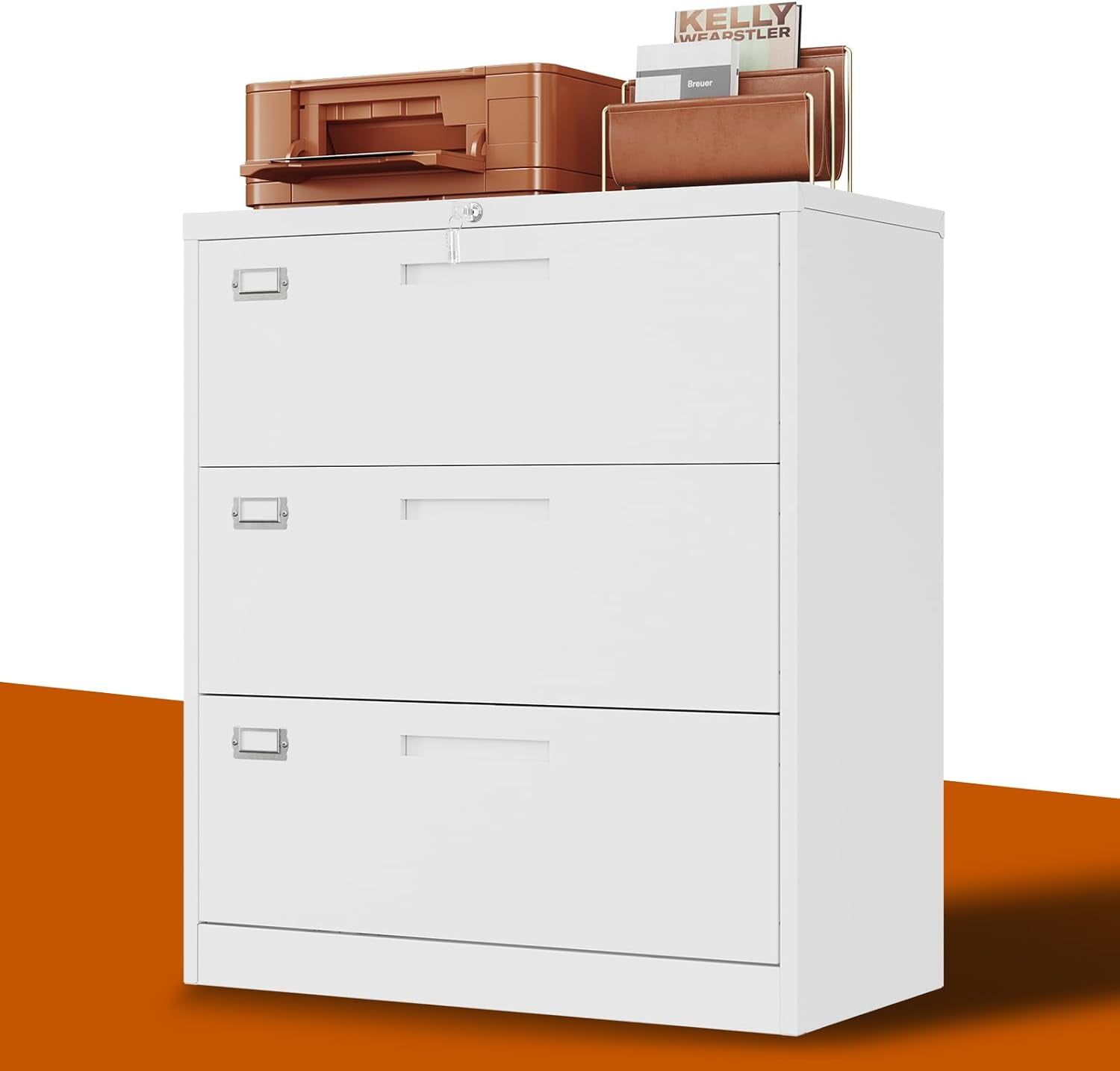 White Steel 3-Drawer Lockable Lateral File Cabinet