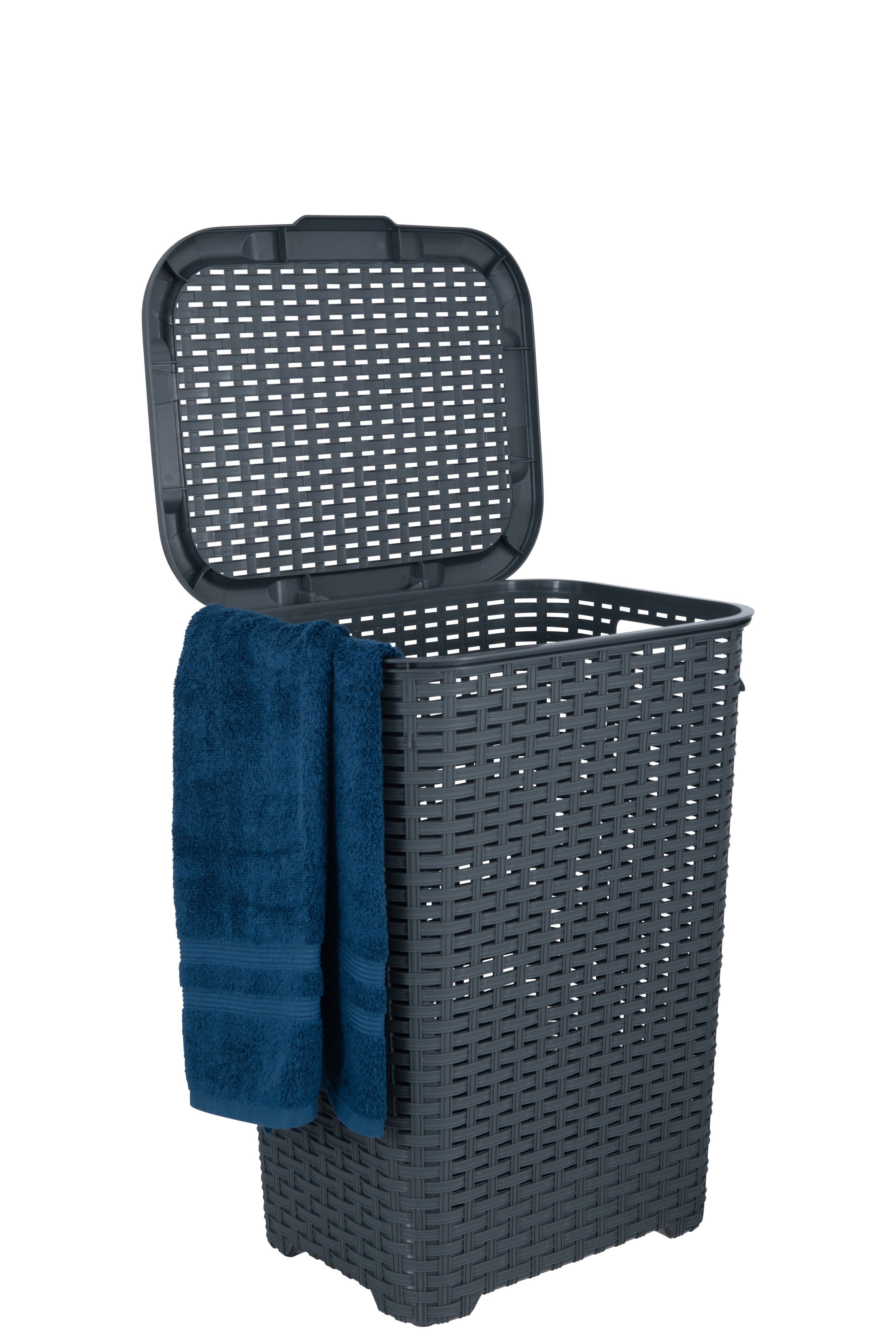 Gray Wicker Design Tall Plastic Laundry Hamper with Lid