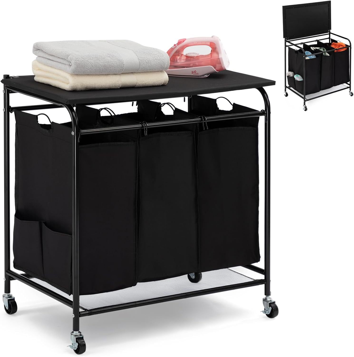 Black 3-Bag Laundry Sorter with Ironing Board and Wheels