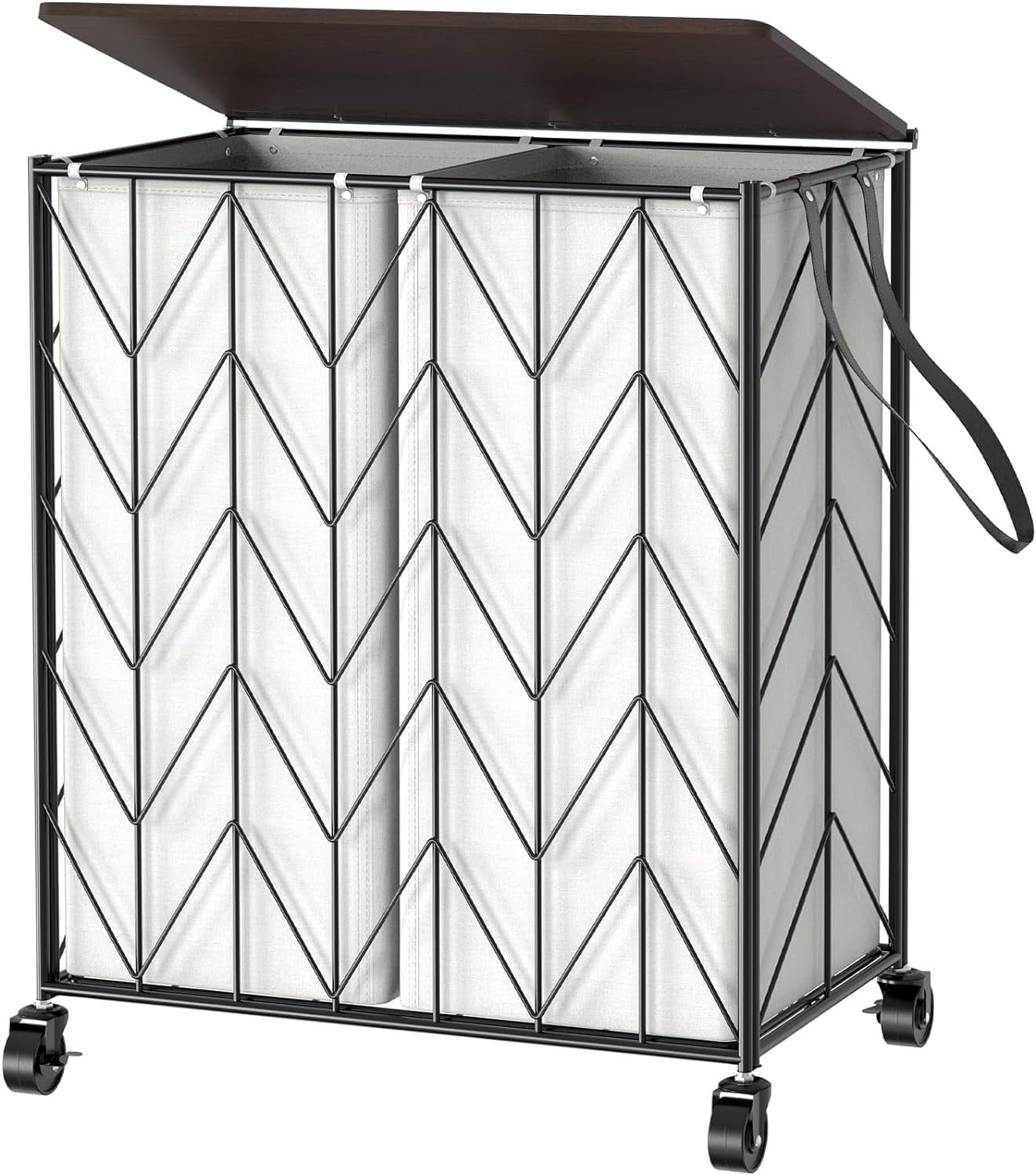 Beige Iron Laundry Hamper with Wood Lid and Wheels