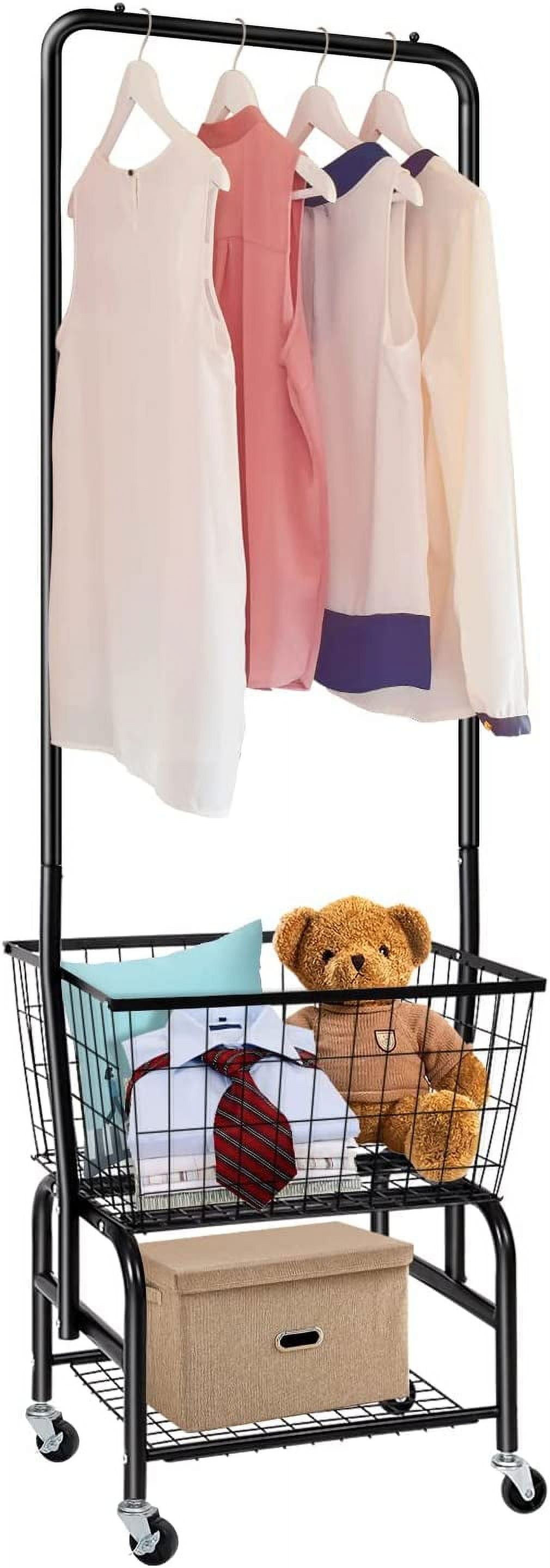 Black Metal Rolling Laundry Cart with Hanging Rack