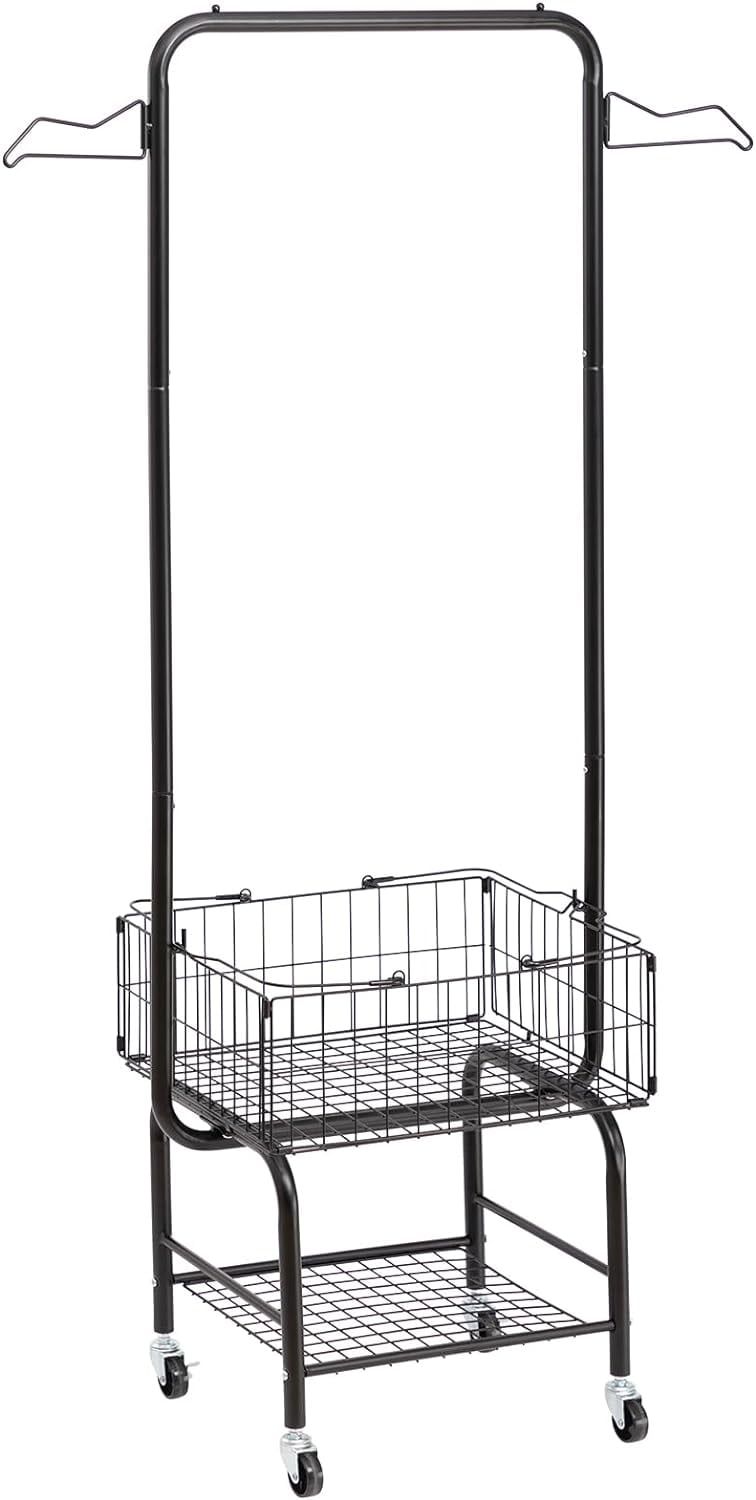 Black Metal Rolling Laundry Cart with Wire Storage Rack