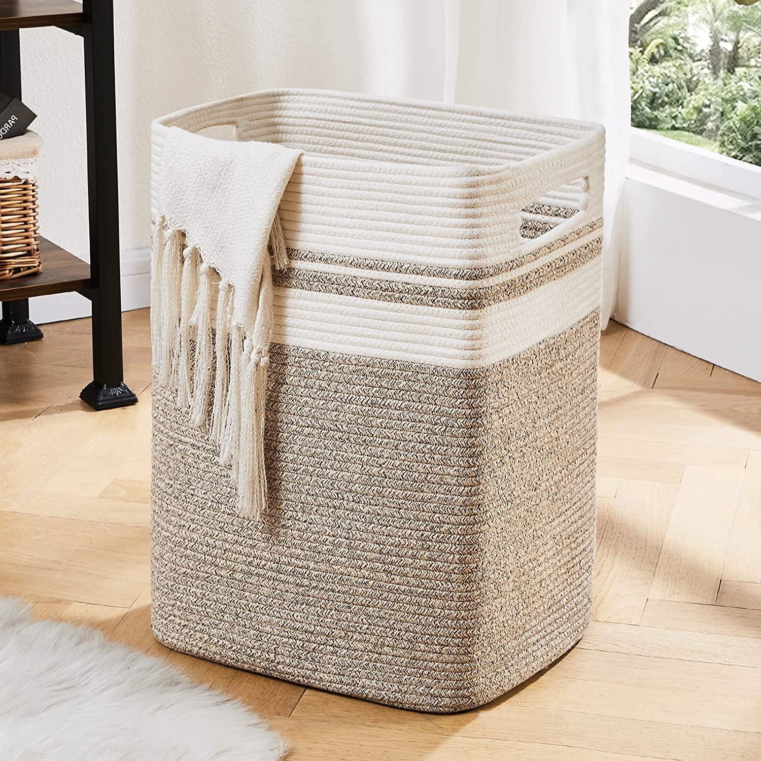 Large Beige and White Cotton Collapsible Laundry Hamper