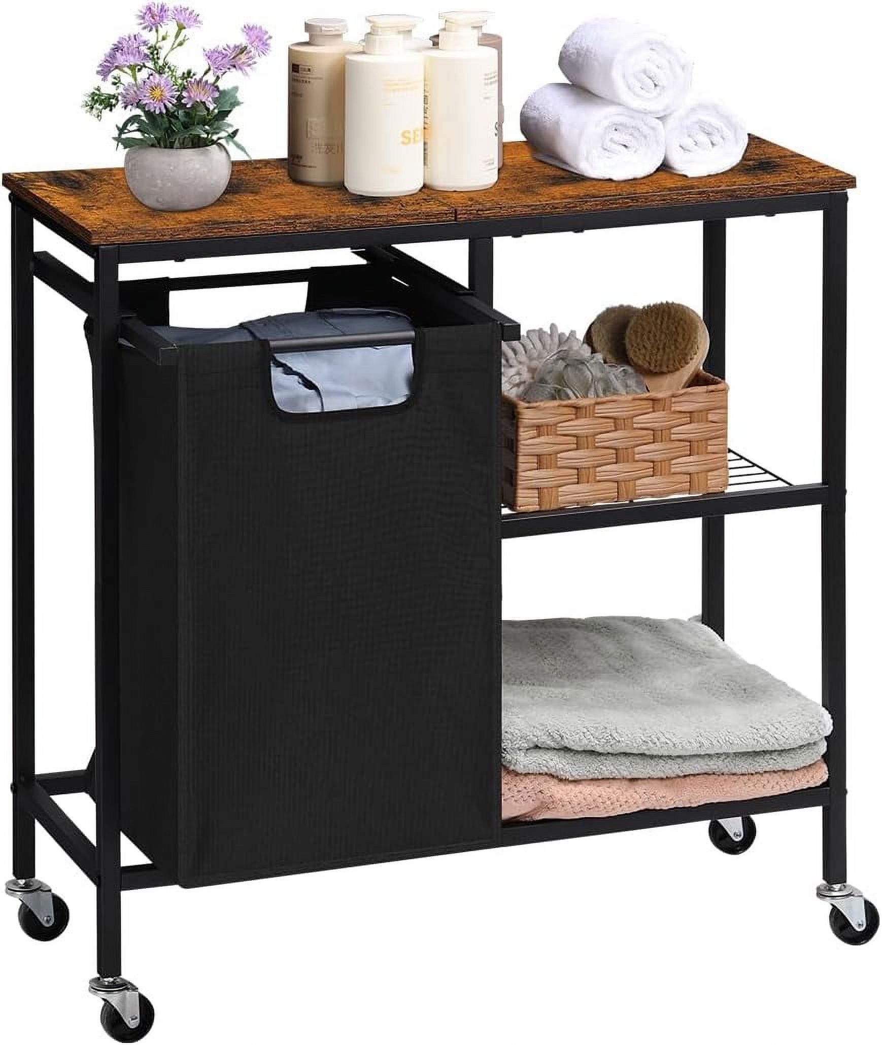 Brown Metal and Wood Rolling Laundry Hamper with Shelves