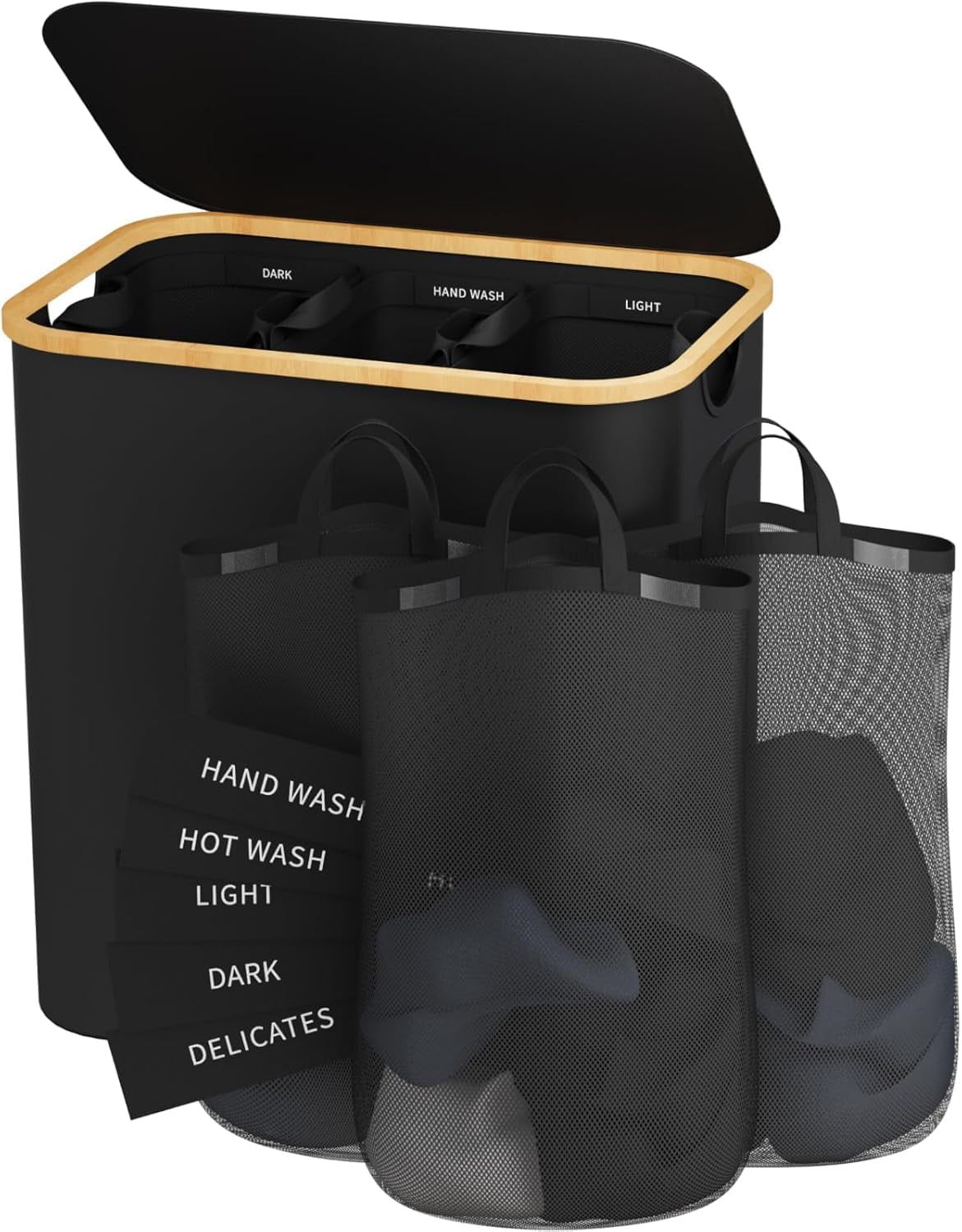 Black 145L Collapsible Laundry Hamper with Lid and Dividers