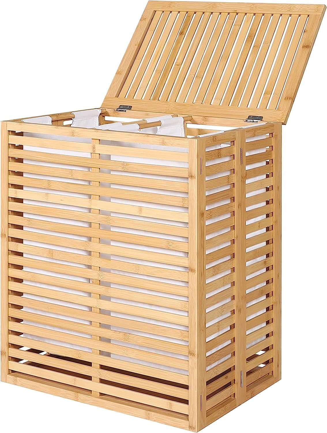 Natural Bamboo 2-Section Collapsible Laundry Hamper with Lid