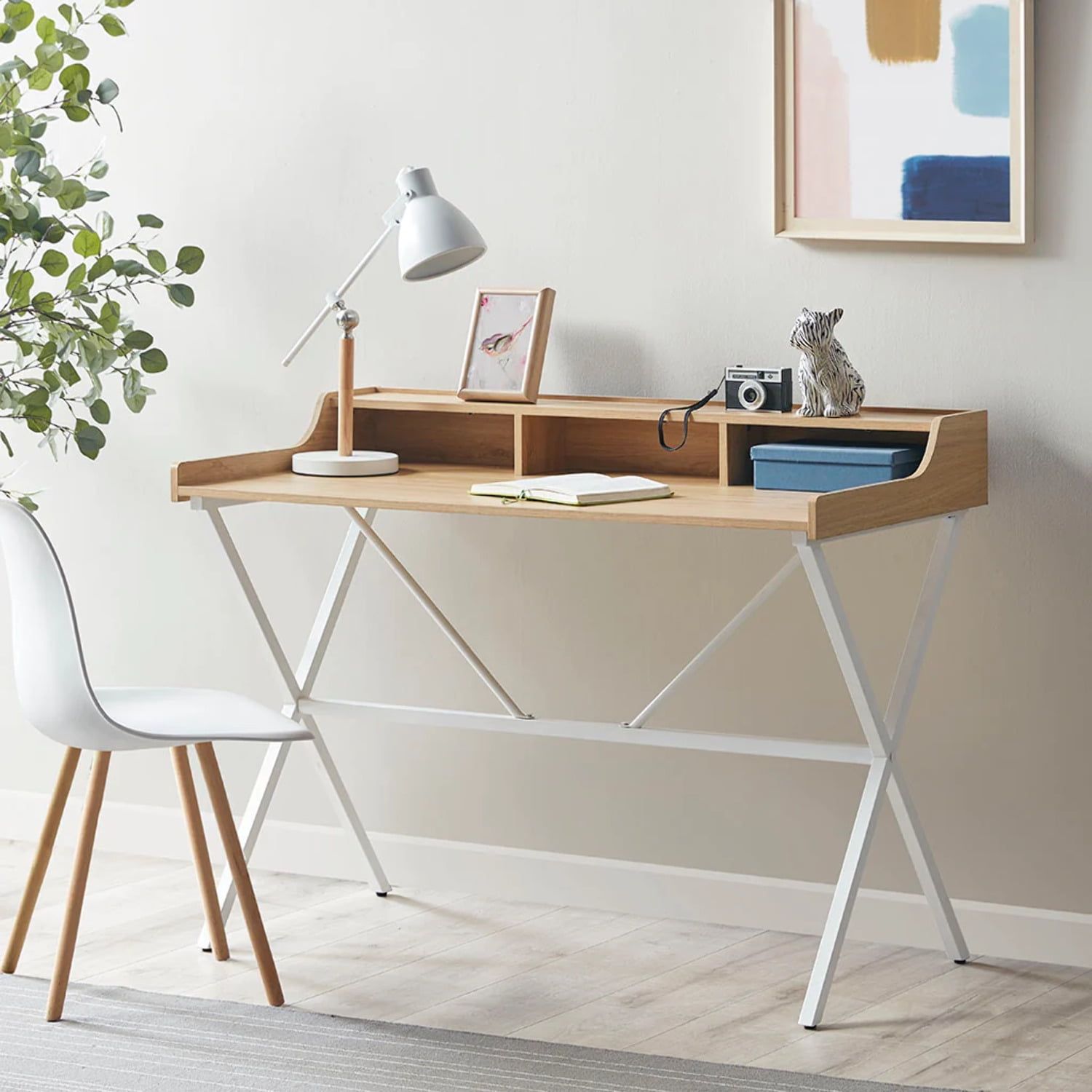 Natural Solid Wood Desk with White Metal Legs