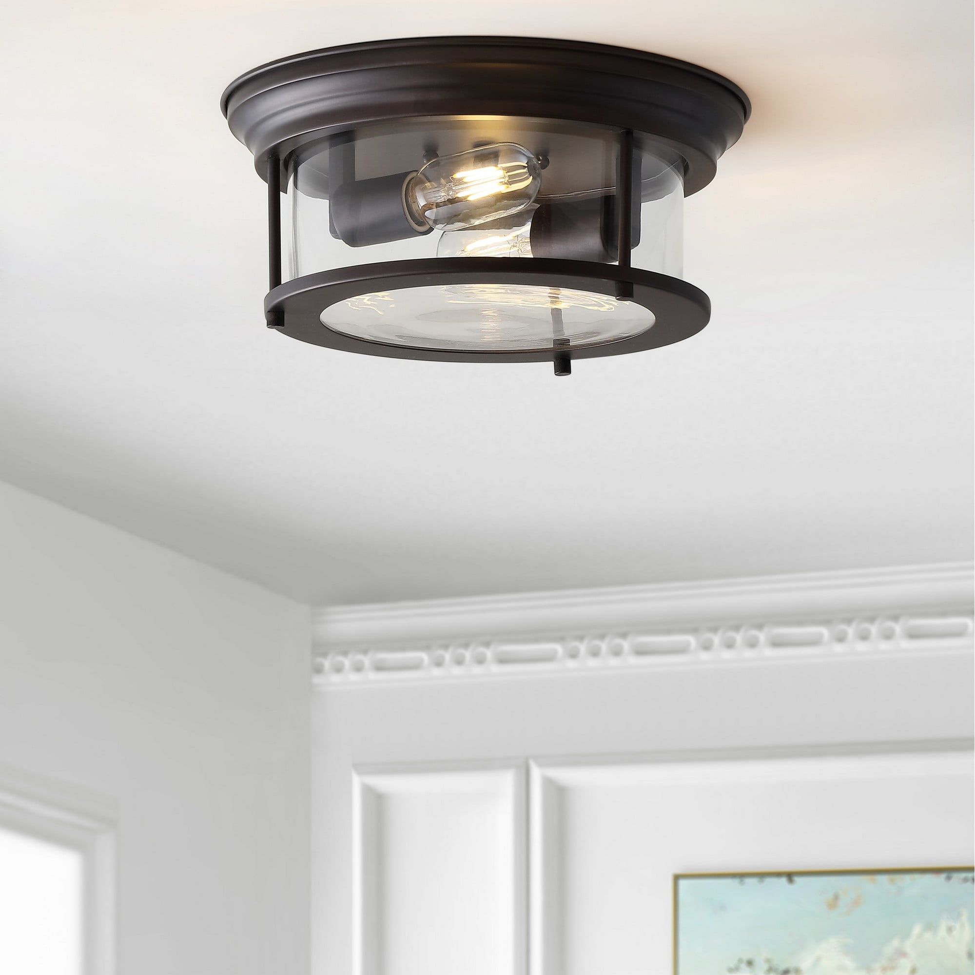 Elegant 13.25" Oil Rubbed Bronze Glass Drum Flush Mount LED Light