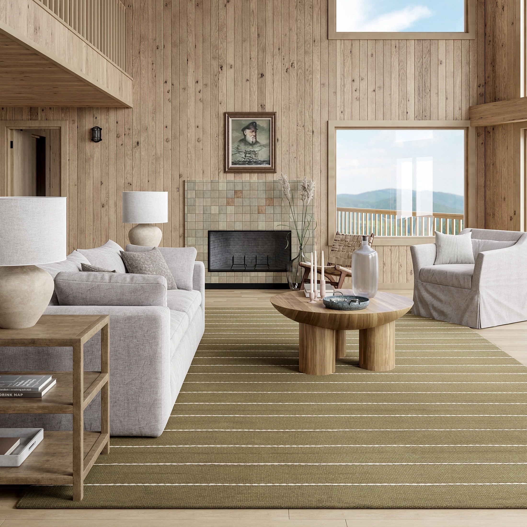 Handmade Olive Green Striped Wool and Cotton Area Rug, 5' x 8'