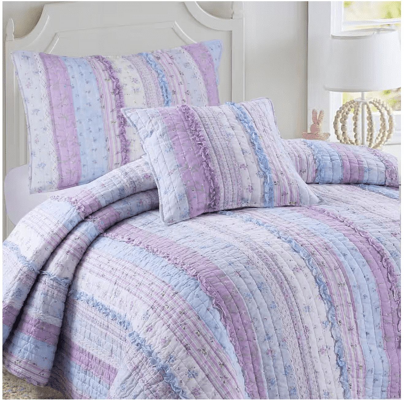 Lavender and Blue Cotton Twin Reversible Quilt Set