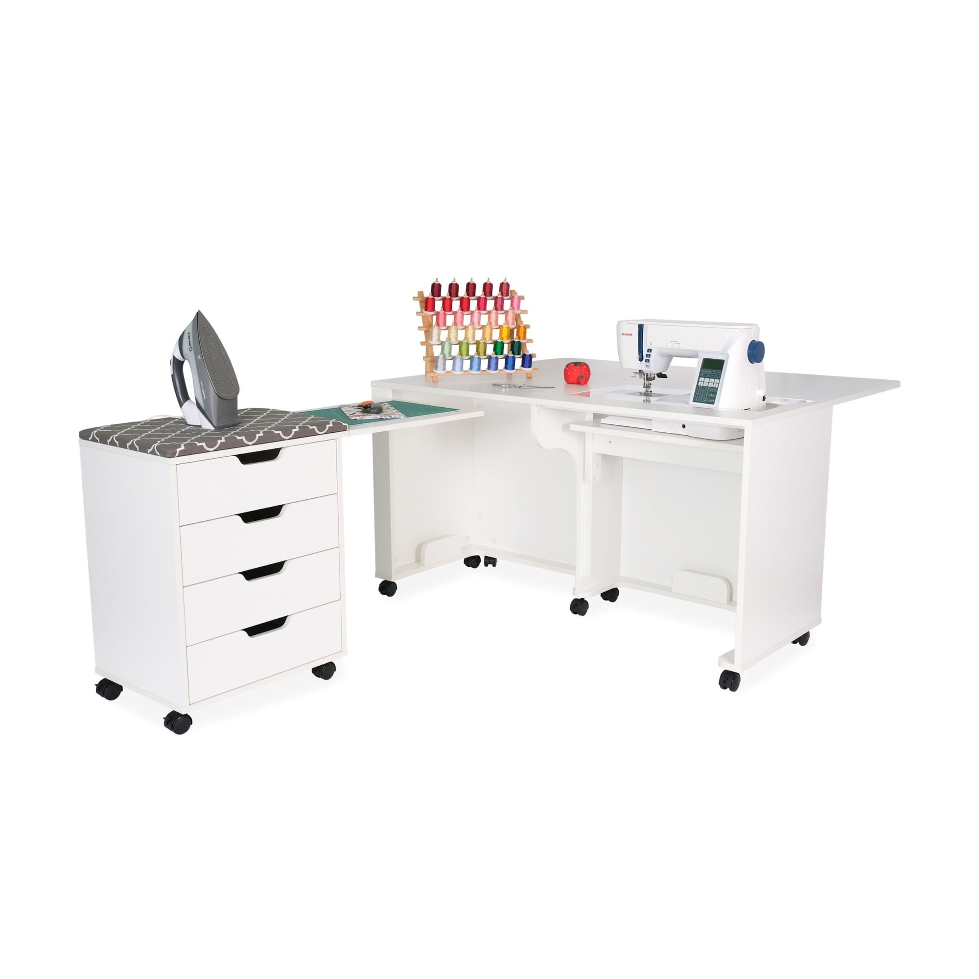 White Hydraulic Lift Sewing Cabinet with Storage and Ironing Station