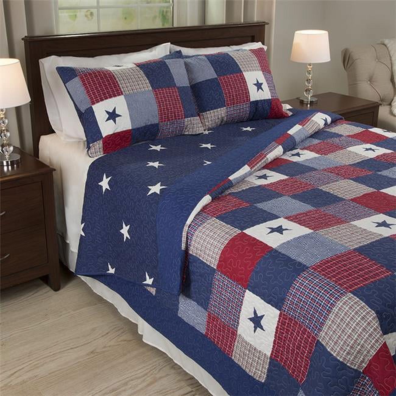 Patriotic Patchwork King Microfiber Quilt Set in Red, White, and Blue