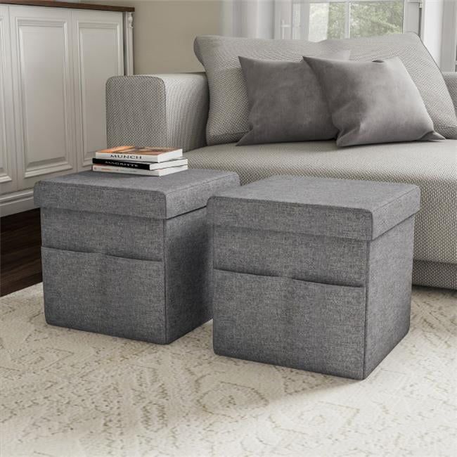 Charcoal Gray Foldable Storage Cube Ottoman with Pockets