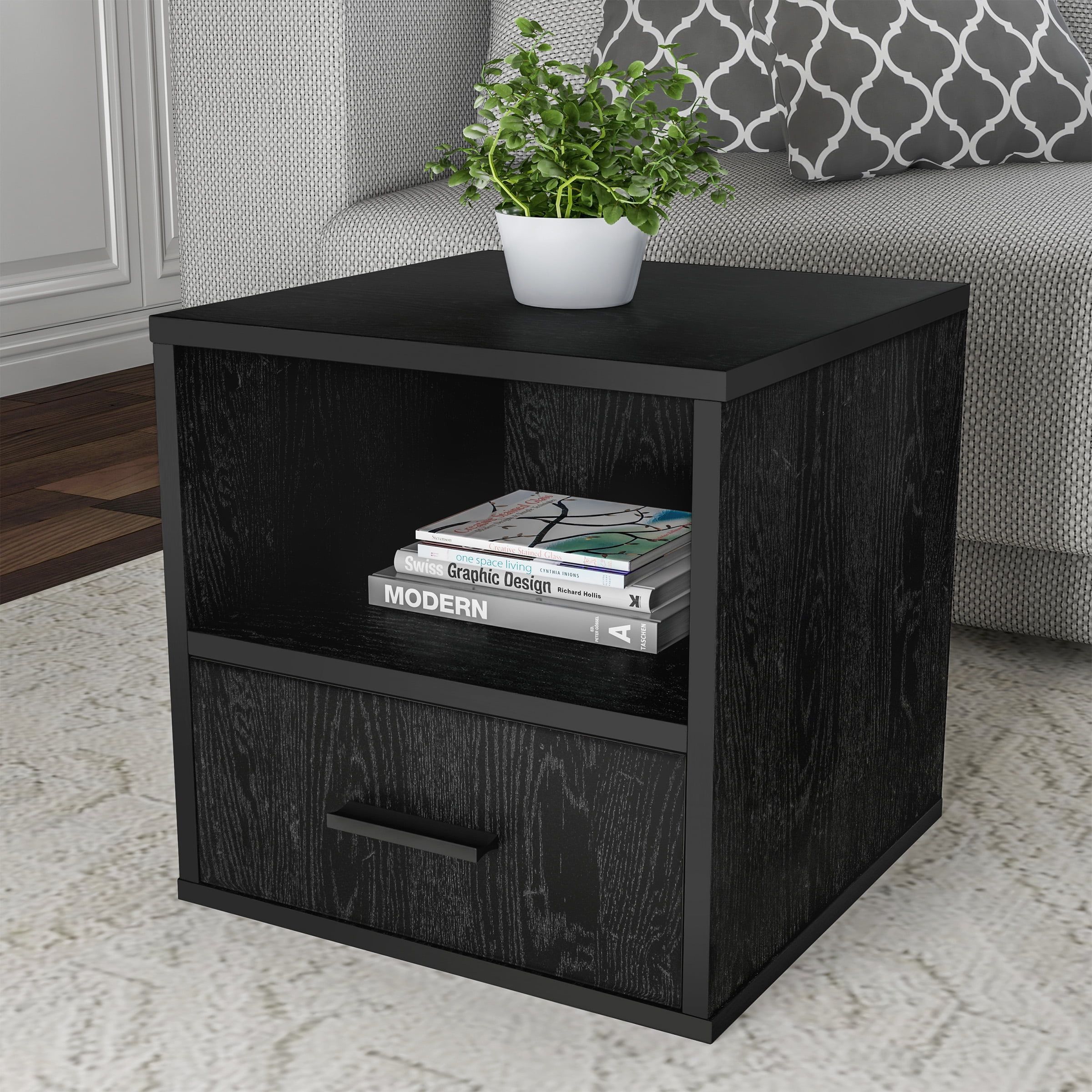 Black Wood Rectangular End Table with Storage Drawer