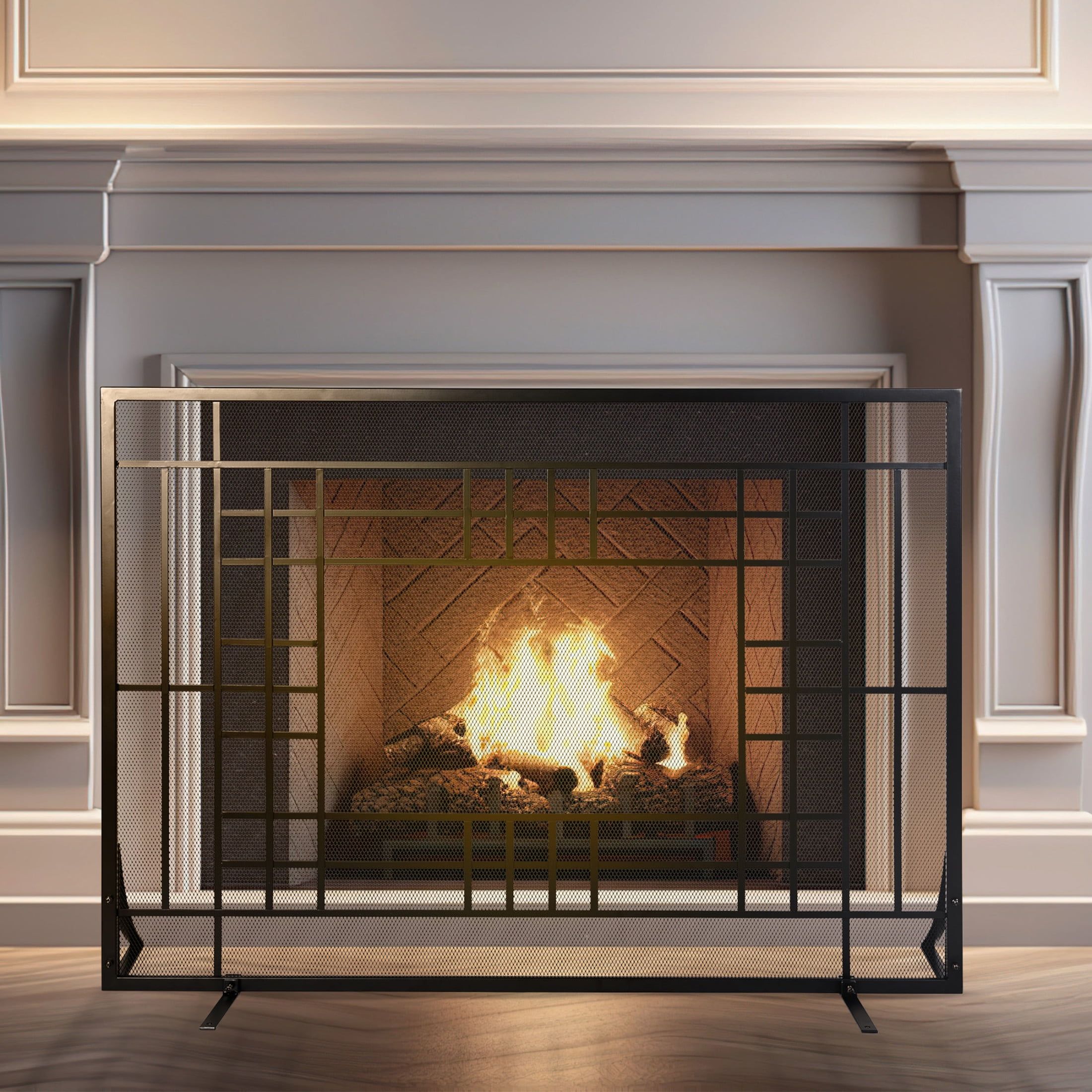 Black Steel Single Panel Fireplace Screen with Mesh Spark Guard