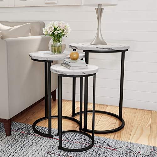 Set of 3 White Faux Marble and Black Metal Round Nesting Tables