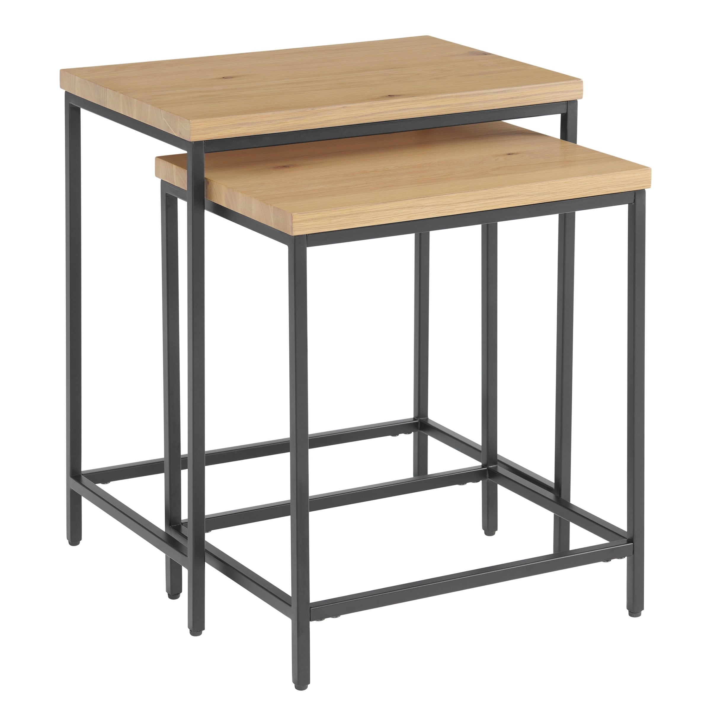 Oak and Black Metal Modern Nesting Tables Set