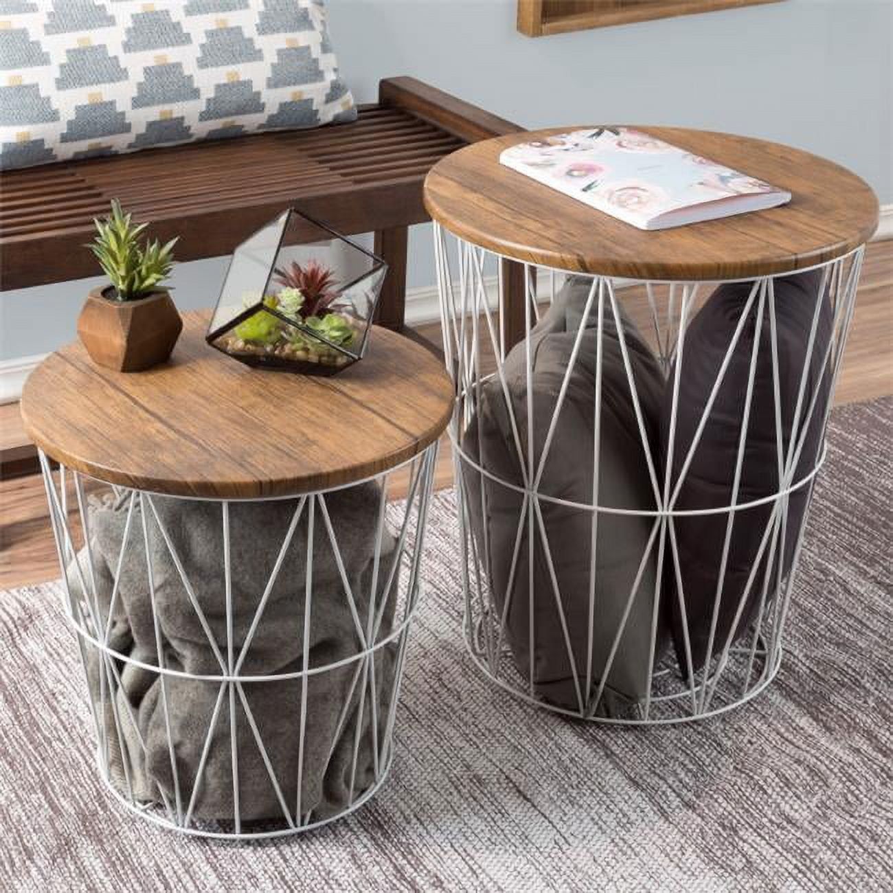 Minimalist Round Wood and Metal Nesting Tables, Set of 2