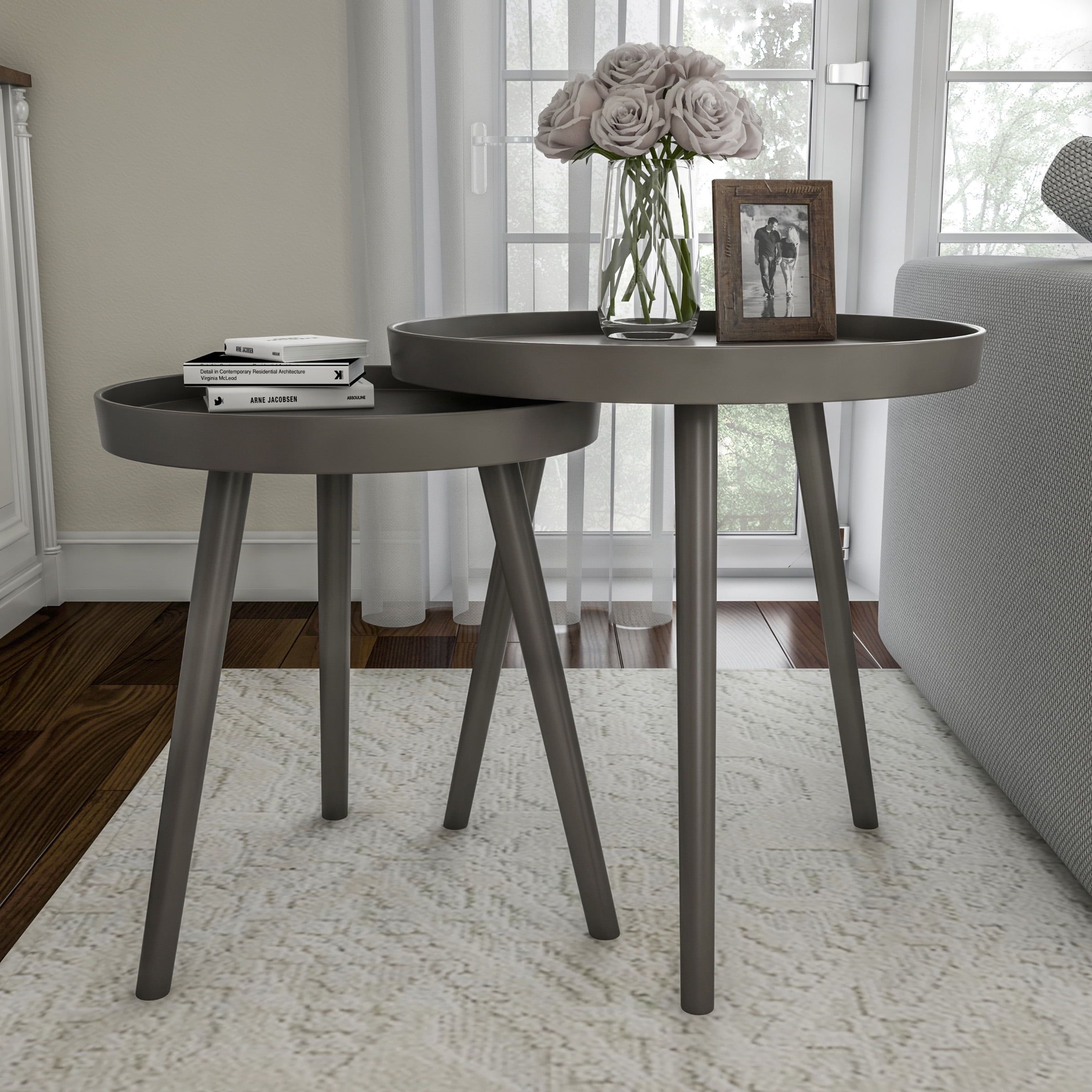 Gray Round Wood Nesting End Tables with Tray Tops, Set of 2