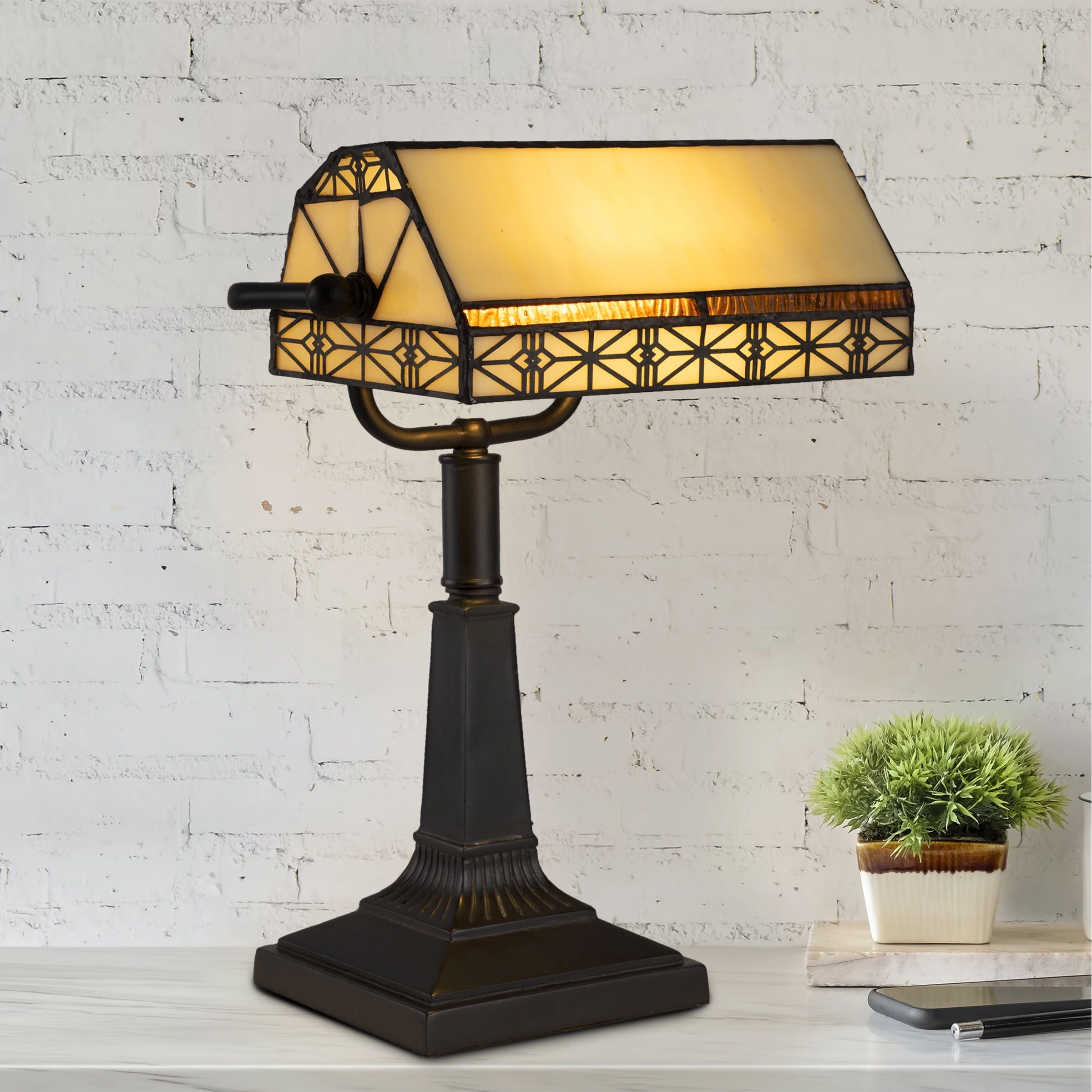 Tiffany-Style Black Wrought-Iron LED Bankers Lamp with Stained Glass Shade