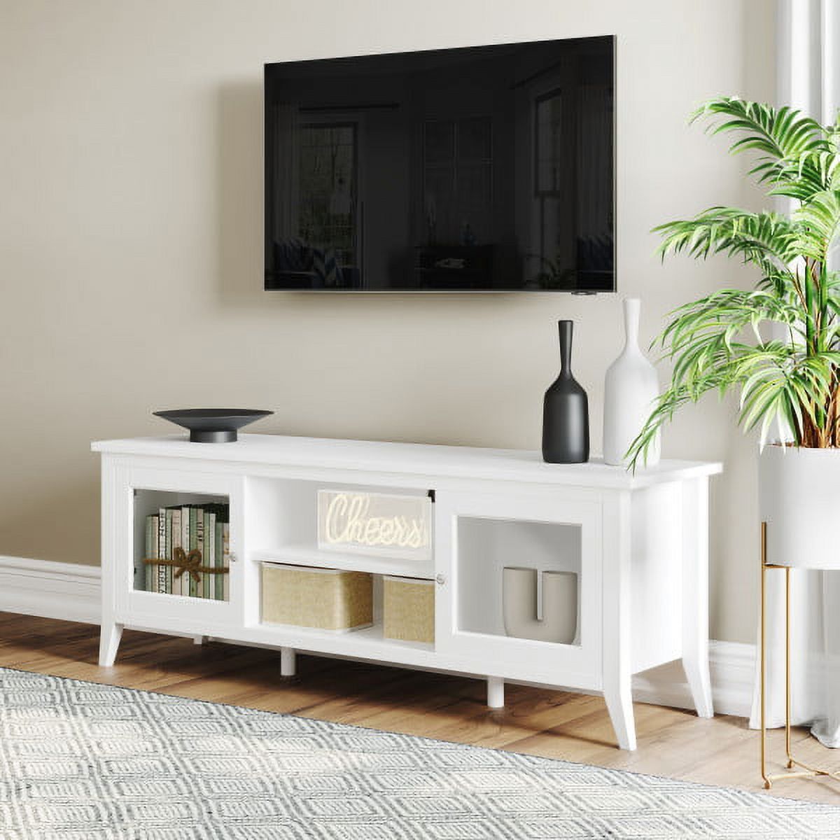 White 55-Inch TV Stand with Glass Doors and Shelves