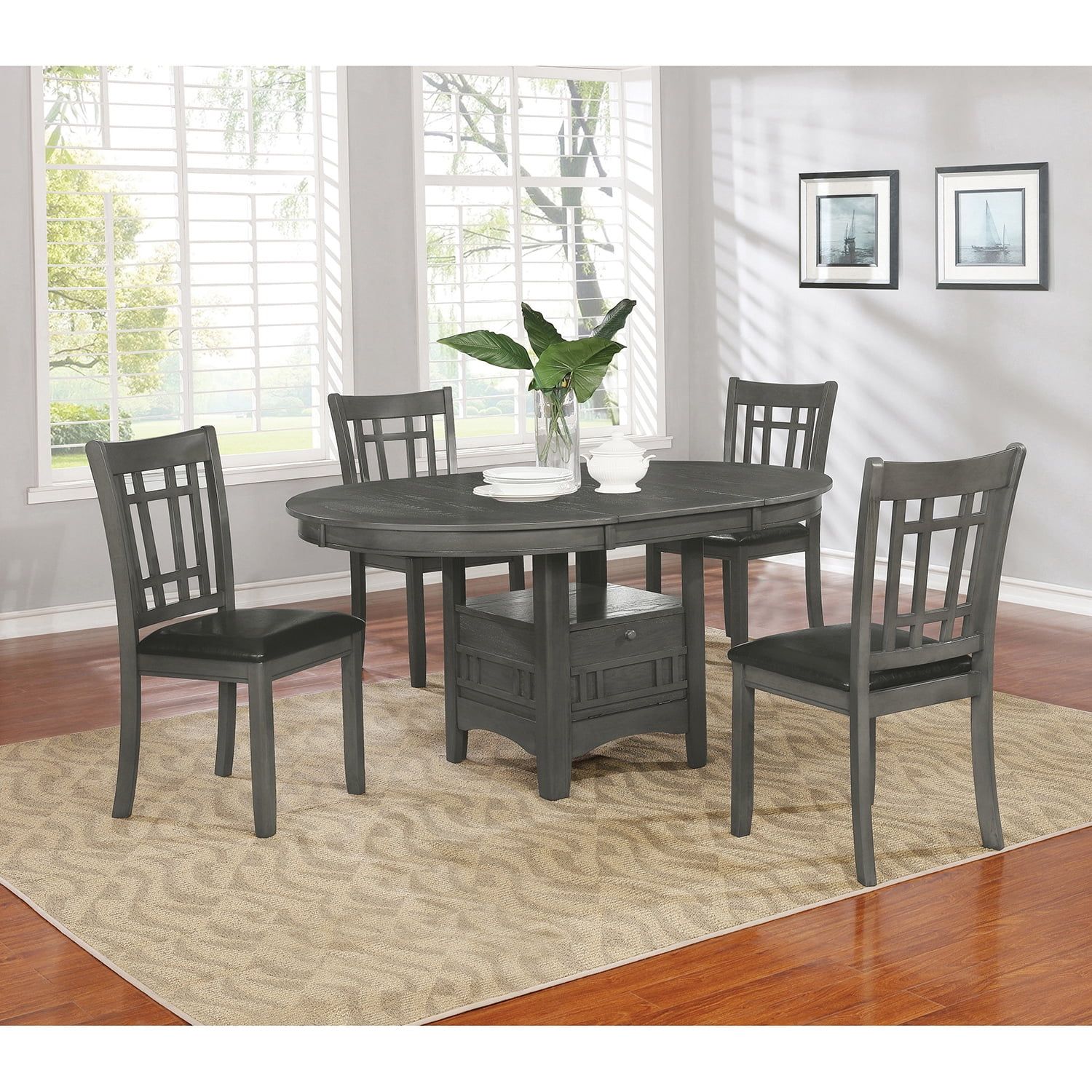 Transitional Medium Grey Extendable Oval Dining Table with Storage