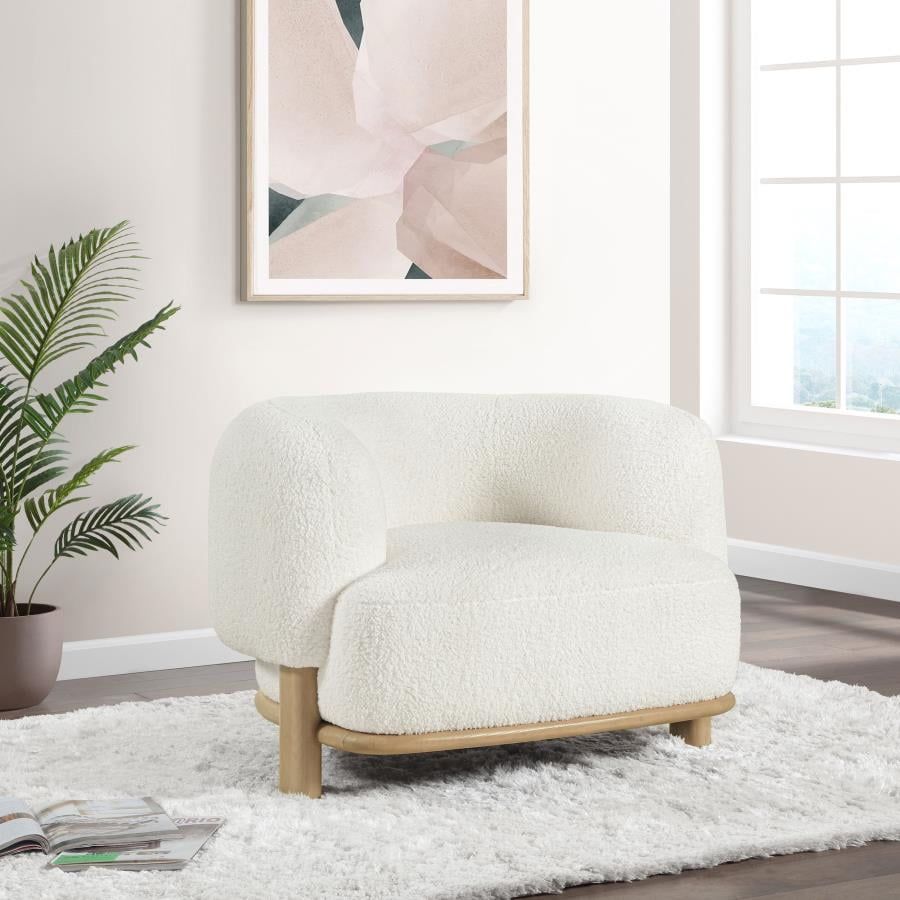 Ivory Boucle Upholstered Barrel Accent Chair with Wooden Legs