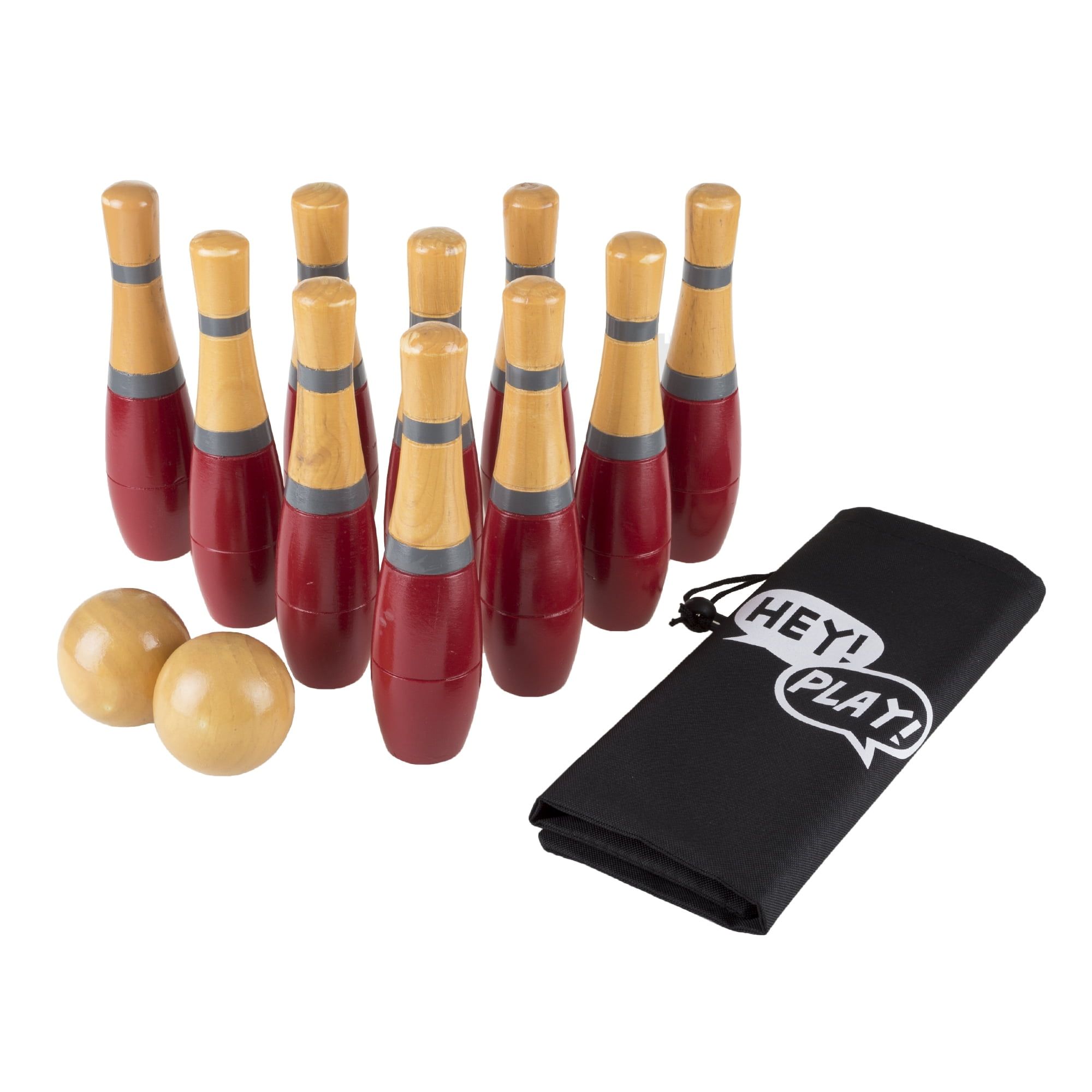 Red and Natural Wooden Lawn Bowling Set with Carry Bag