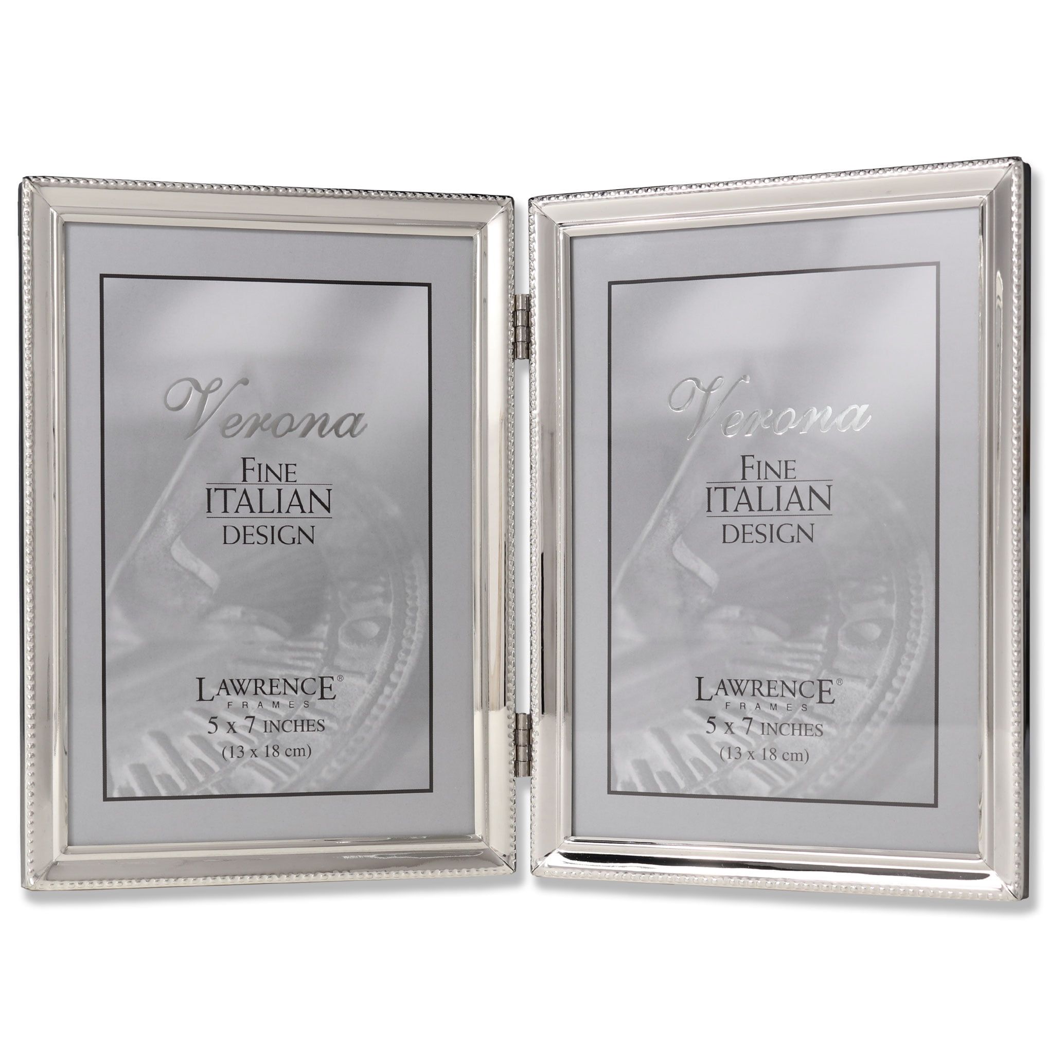 Elegant Polished Silver 5x7 Hinged Double Picture Frame with Bead Border