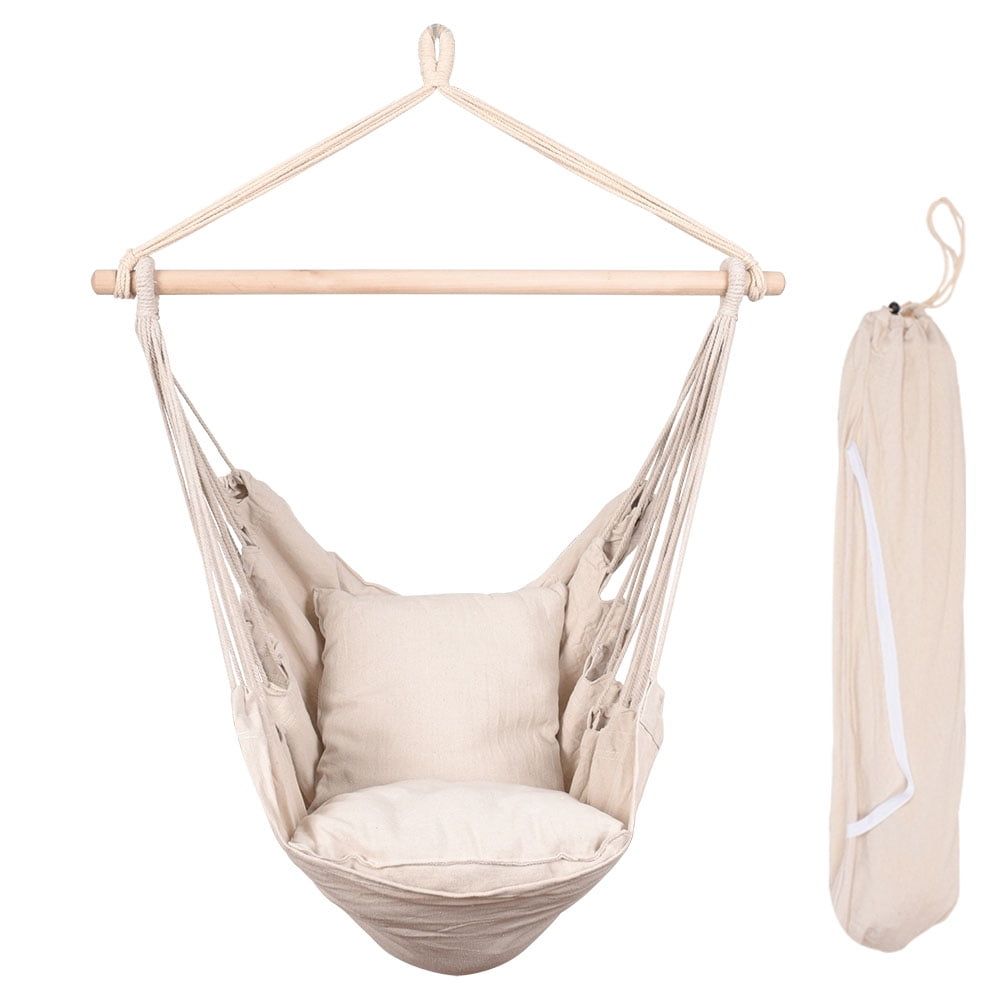 Natural Canvas Hanging Rope Hammock Chair with Cushions