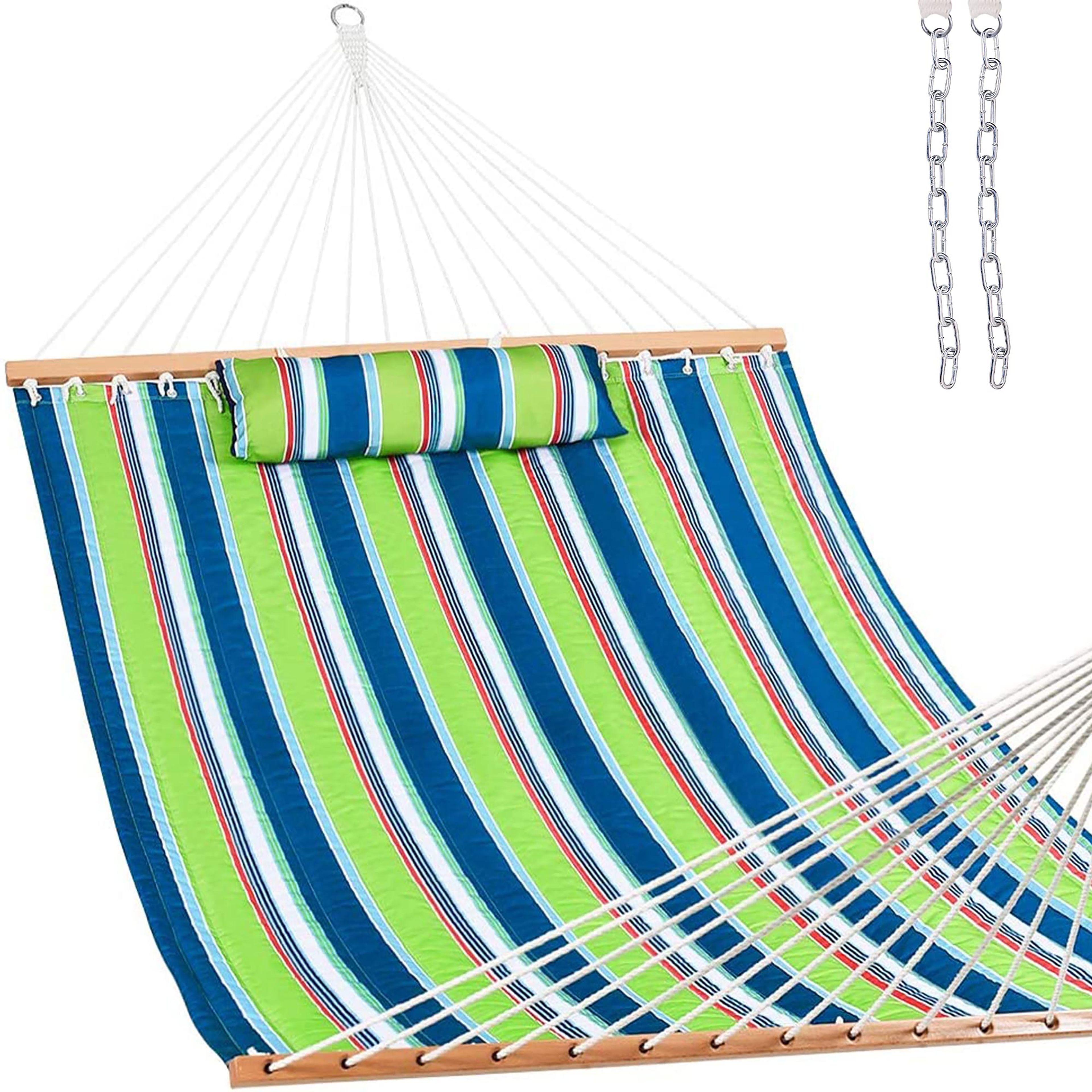 Green and Blue Quilted Double Hammock with Wooden Spreader Bars