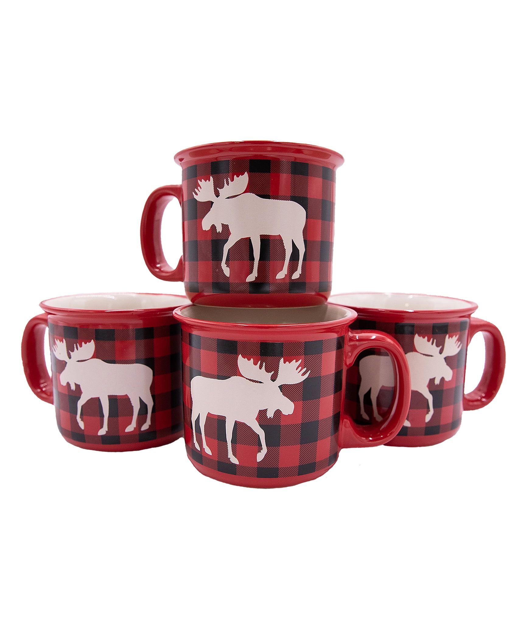 Moose Plaid Red and Black Ceramic 12 oz Mug Set