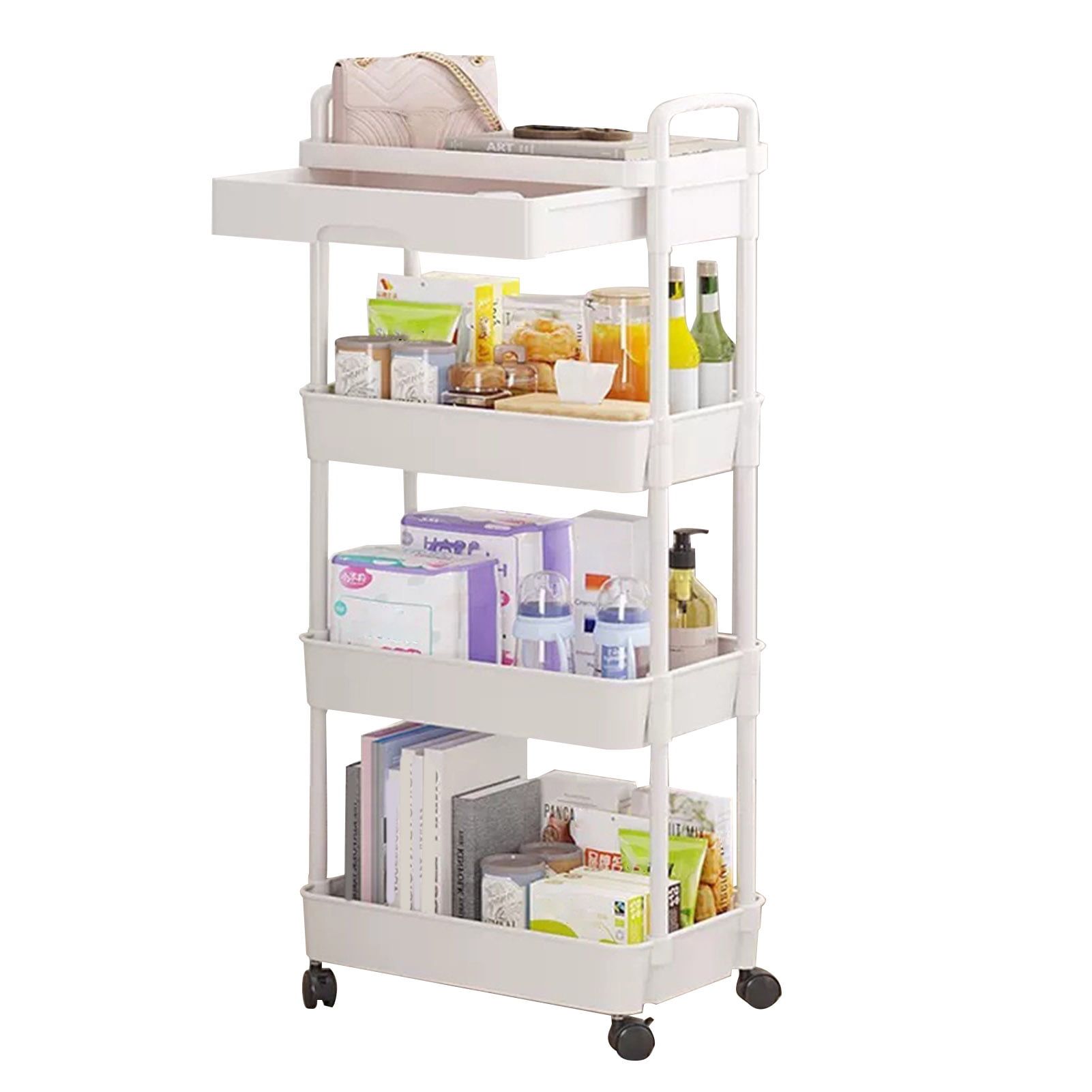 White 4-Tier Rolling Utility Cart with Metal Frame