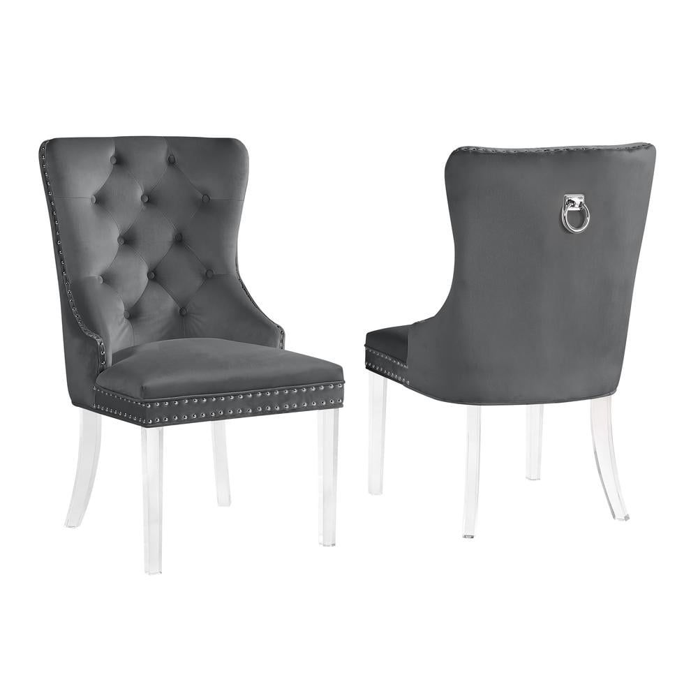 High-Back Gray Velvet Parsons Side Chair with Acrylic Legs (Set of 2)