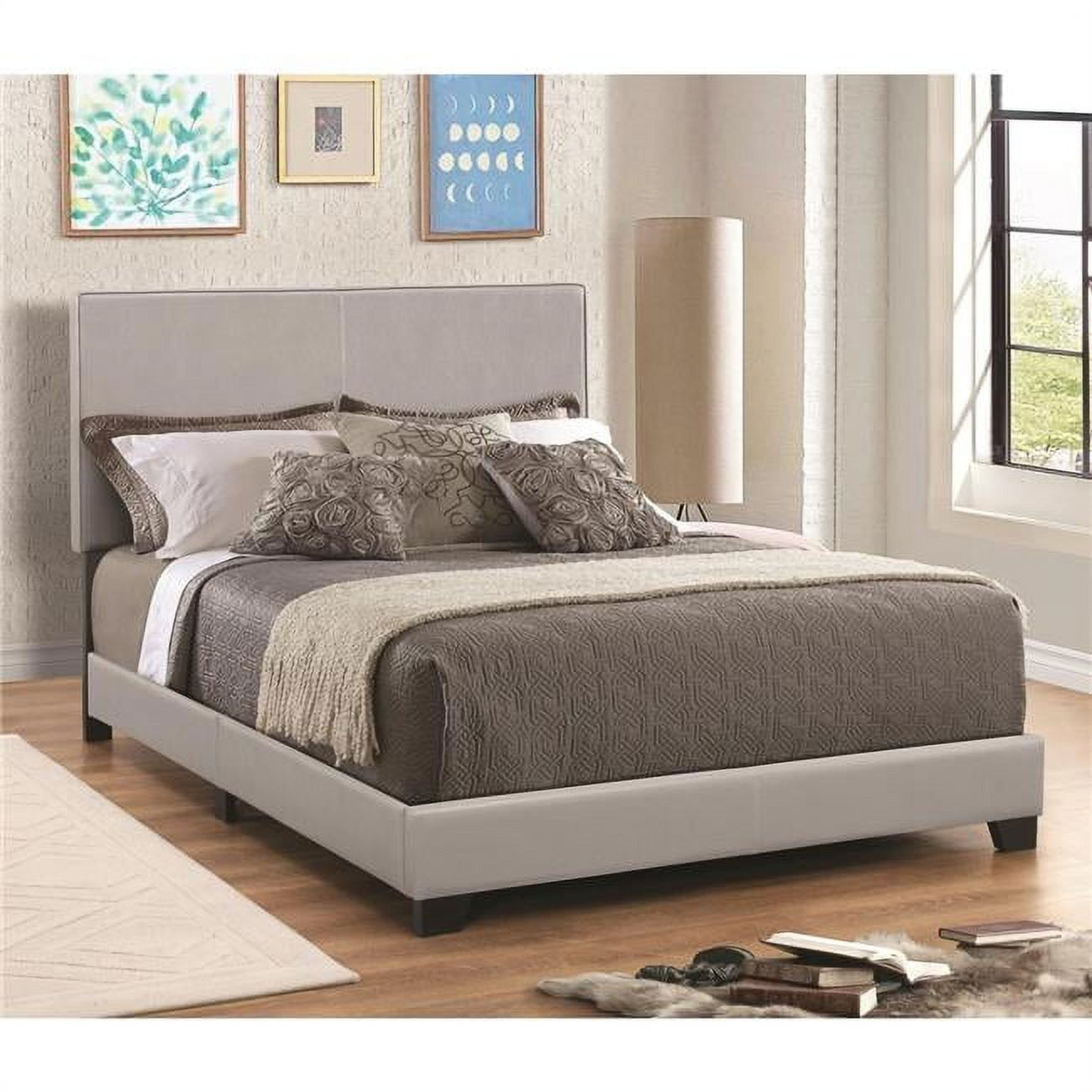 Gray Leather Upholstered Full Size Platform Bed with Headboard