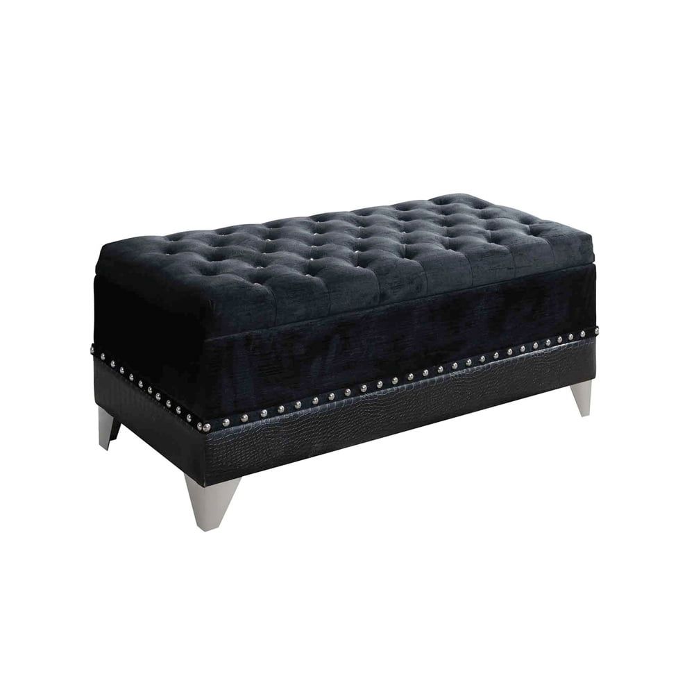 Black Leatherette Storage Bench with Nailhead Trim and Button Tufting