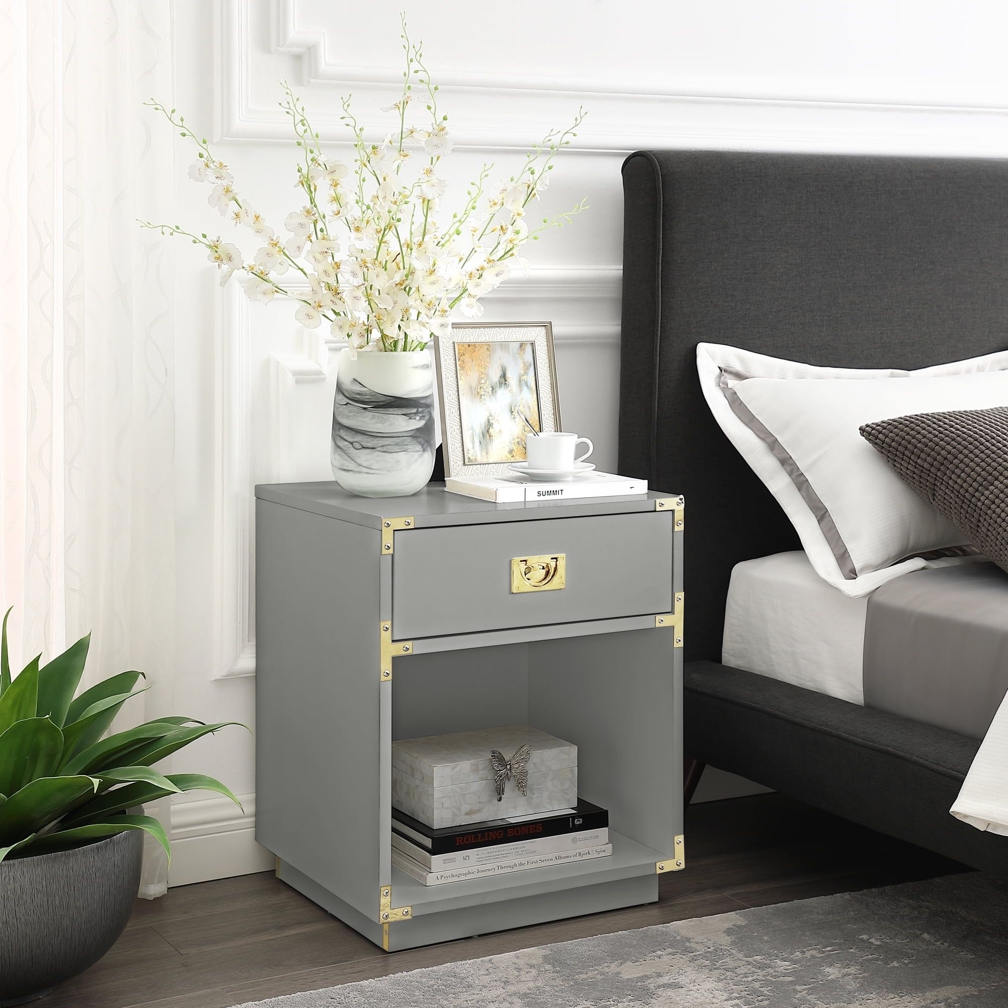 Light Grey MDF Rectangular Side Table with Storage