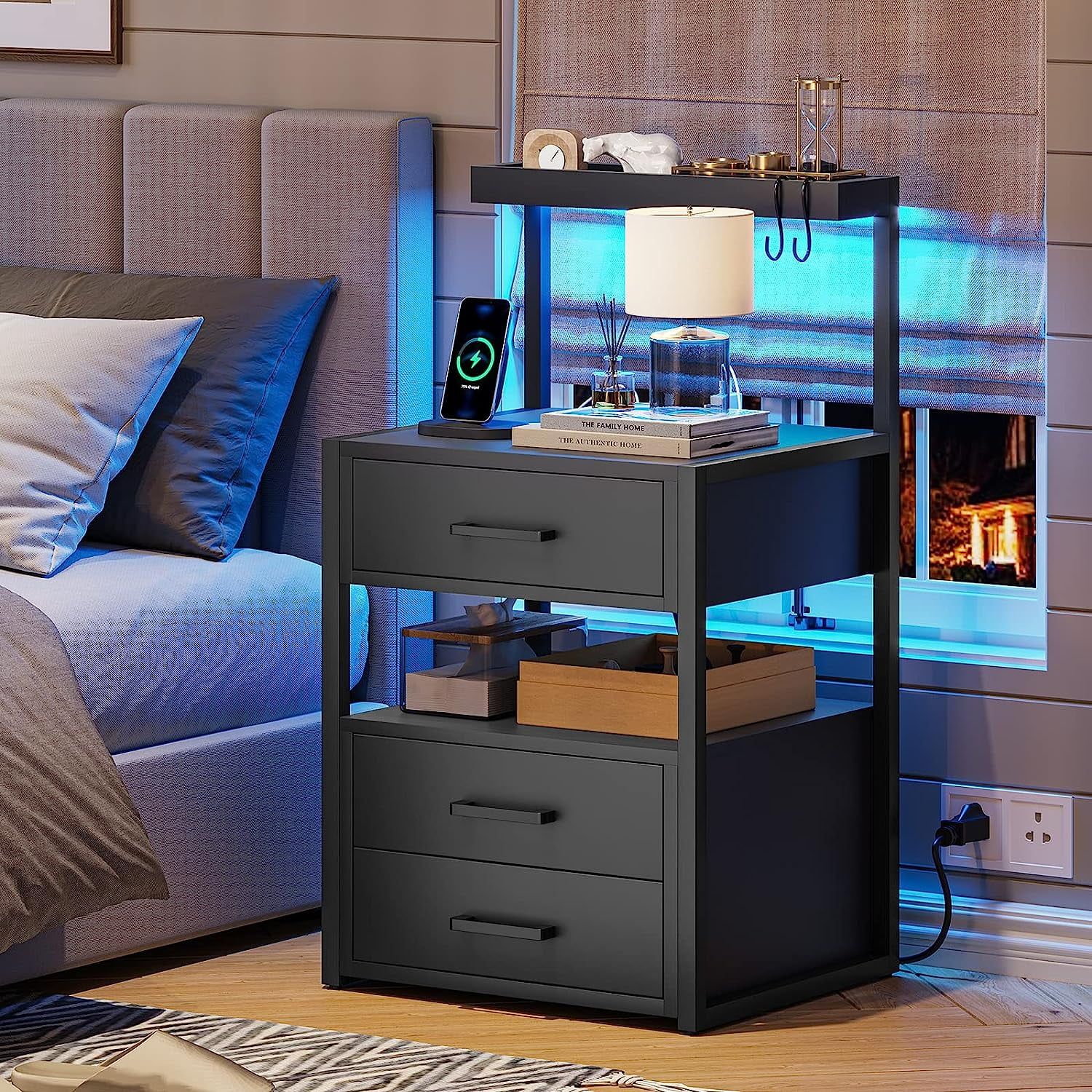 Black 3-Drawer Nightstand with LED Lights and Charging Station