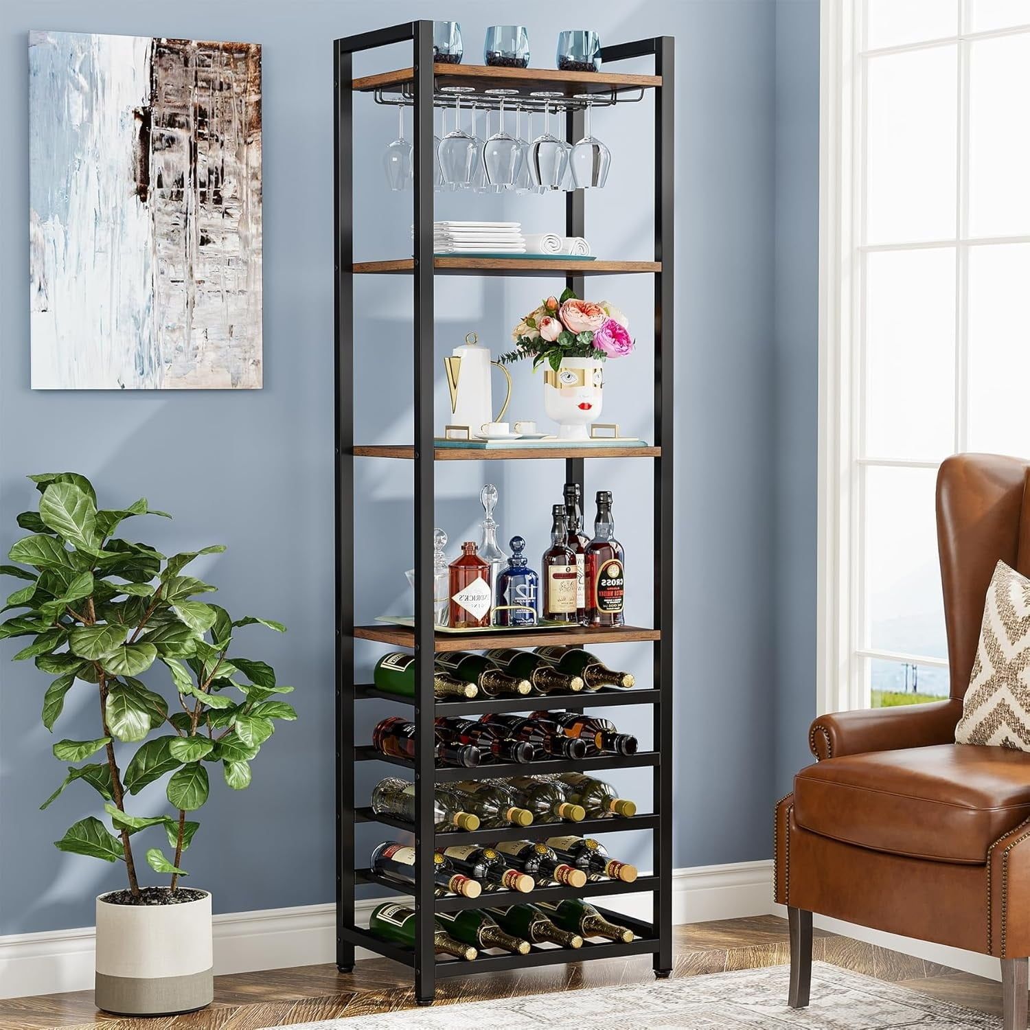 Lee 9-Tier Brown and Black Industrial Wine Rack with Glass Holder