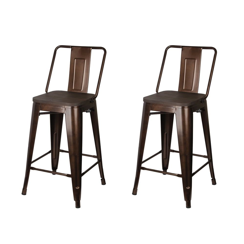 Coffee 24-Inch High Back Metal Barstools with Dark Wood Seat, Set of 2