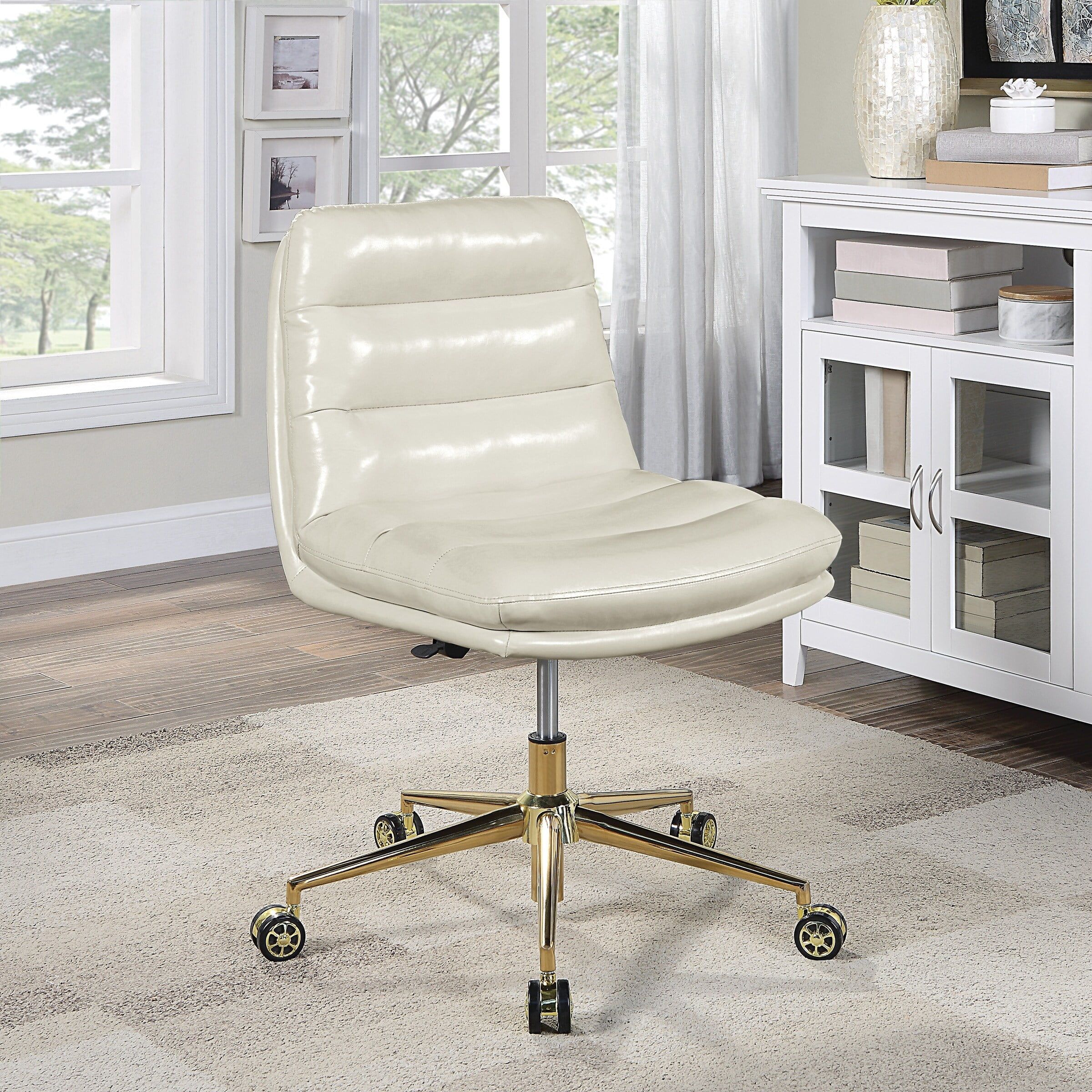 Mid-Century Cream Faux Leather Armless Office Chair with Gold Base